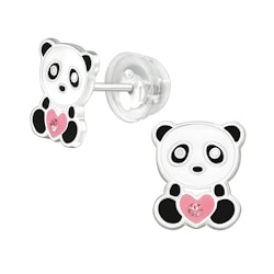 Barnörhängen Panda rosa hjärta - örhängen i äkta silver