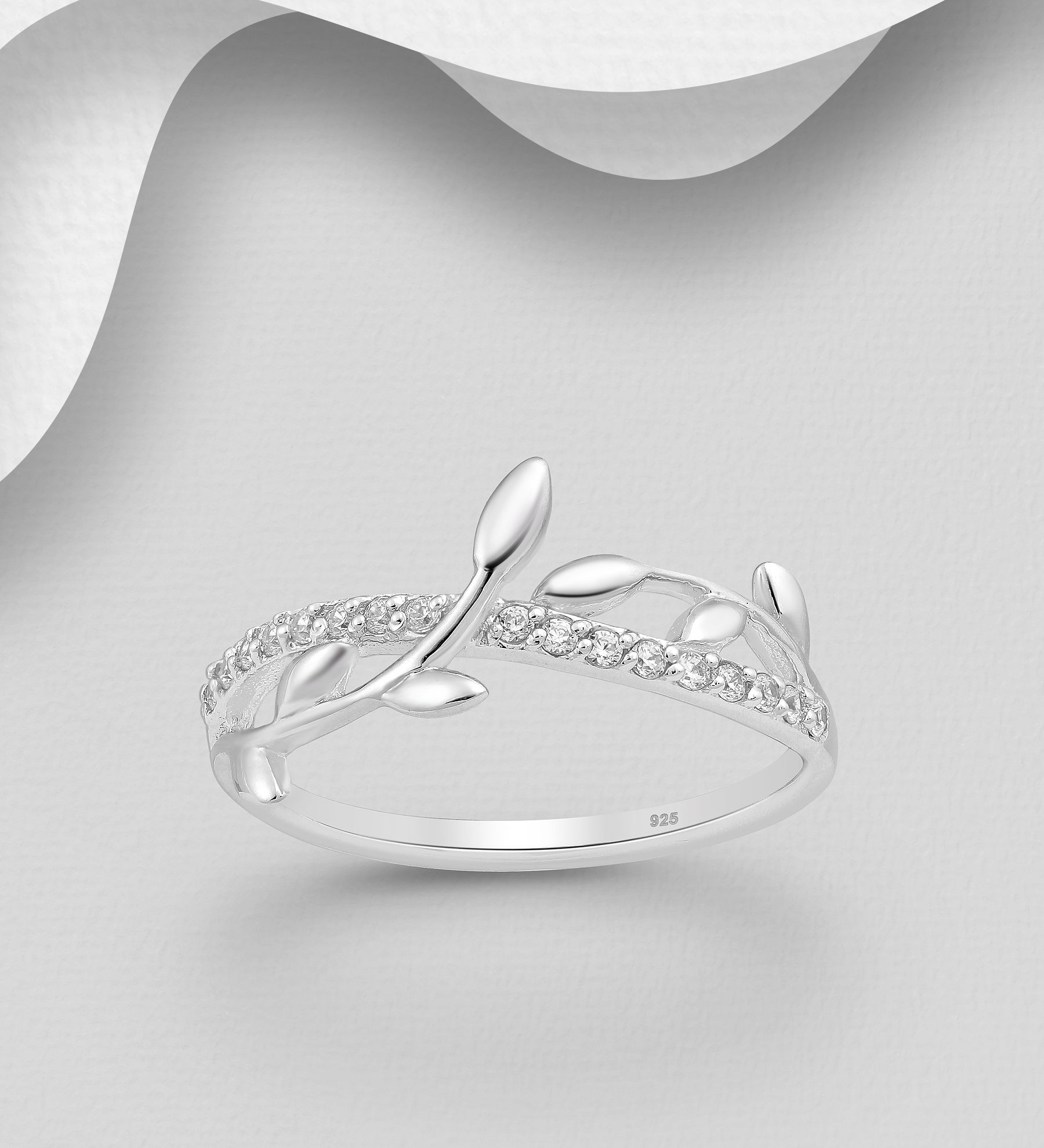 Silverring med blad & Cubic Zirkonia stenar - snygga ringar till tjej/ dam i äkta 925 sterling silver