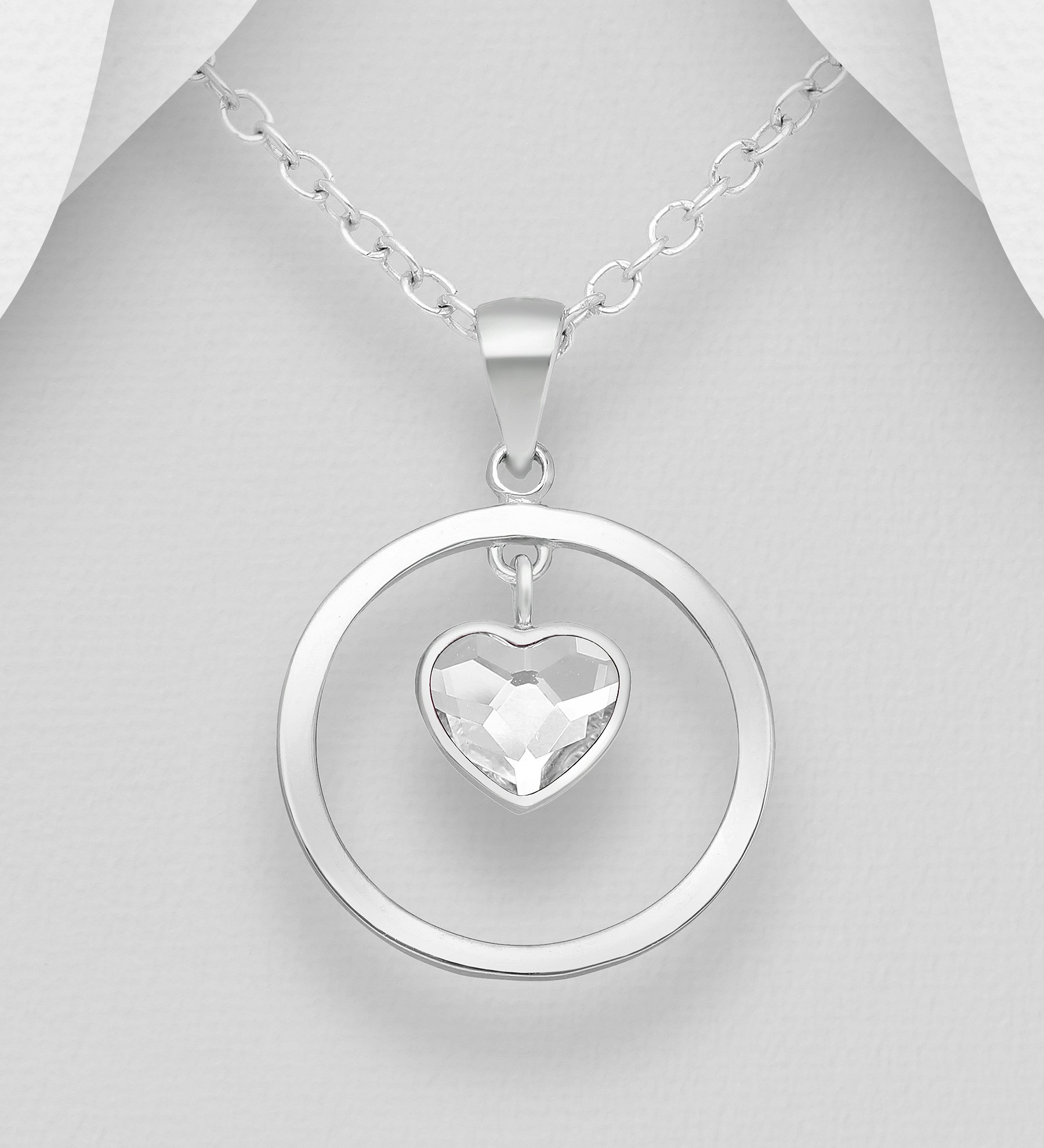 Silverhalsband Ring med kristallhjärta - stilrent halsband till tjej/ dam i äkta 925 sterling silver