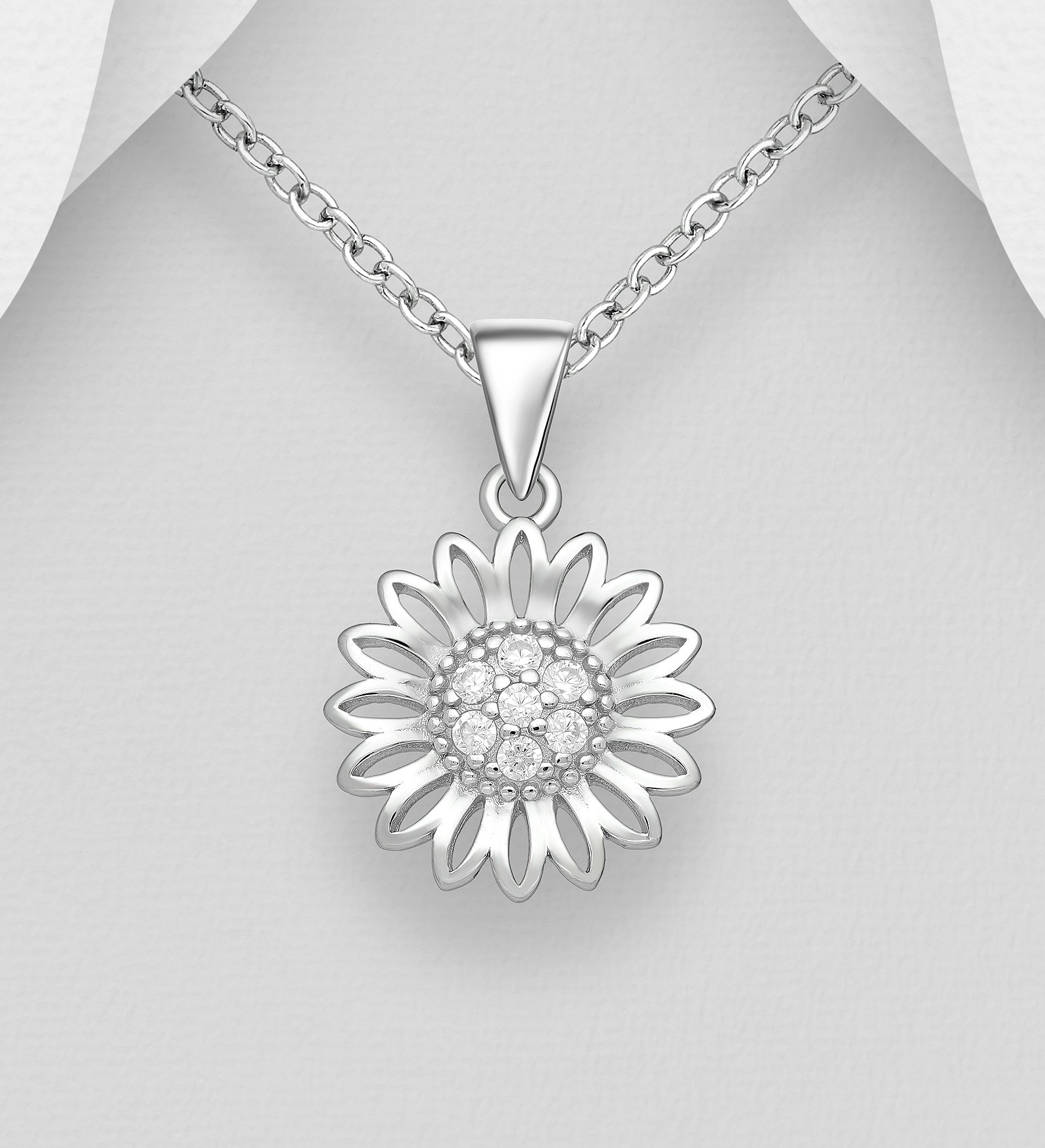 Silverhalsband Solros med glittrande Cubic stenar - fint halsband till tjej/ dam i äkta 925 sterling silver