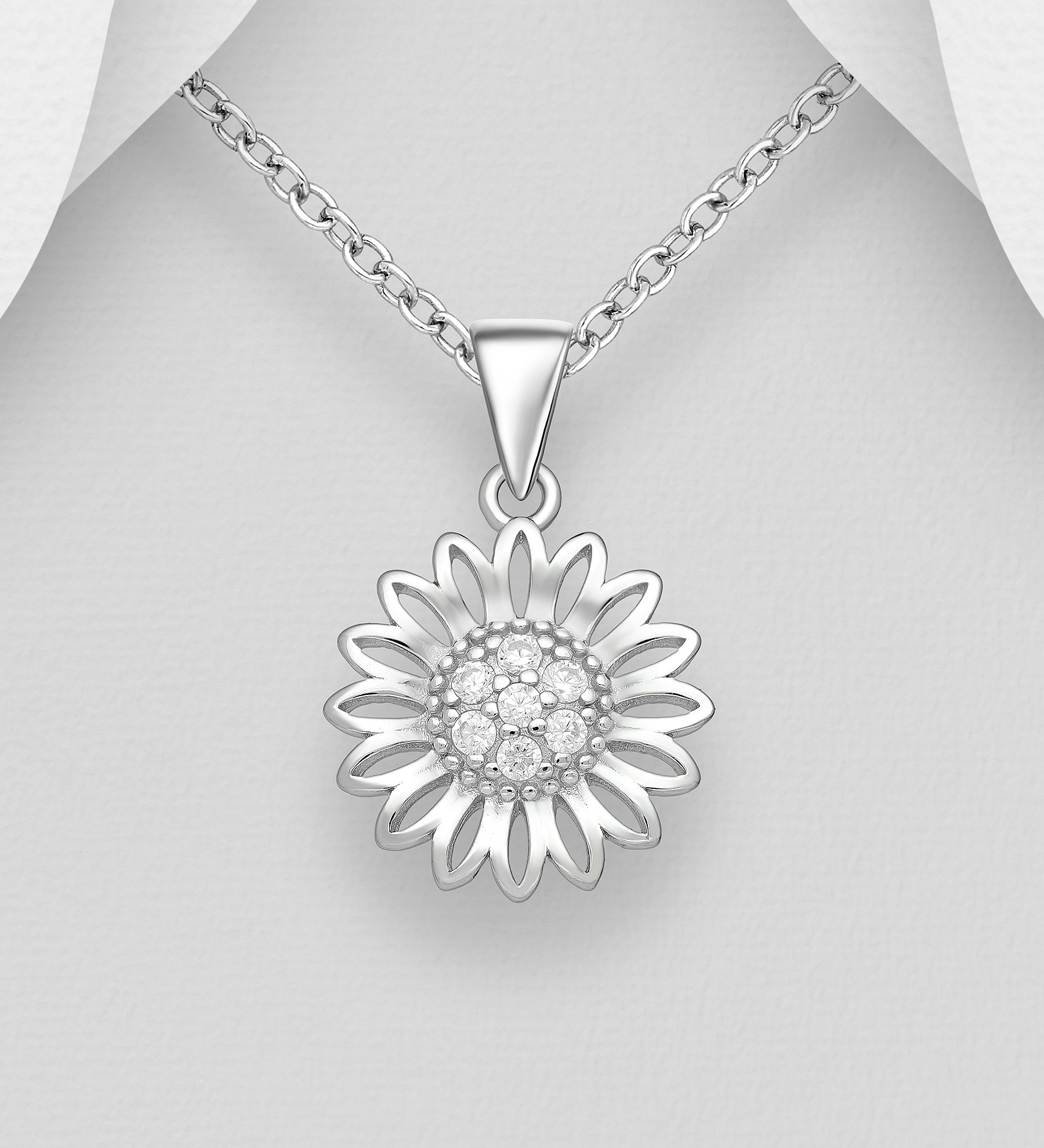 Silverhalsband Solros med glittrande Cubic stenar - fint halsband till tjej/ dam i äkta 925 sterling silver
