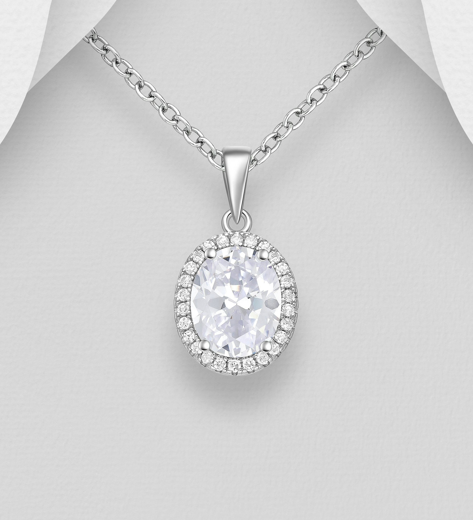 Silverhalsband ovalt Halosmycke - vackert smycke till tjej/ dam i äkta 925 sterling silver