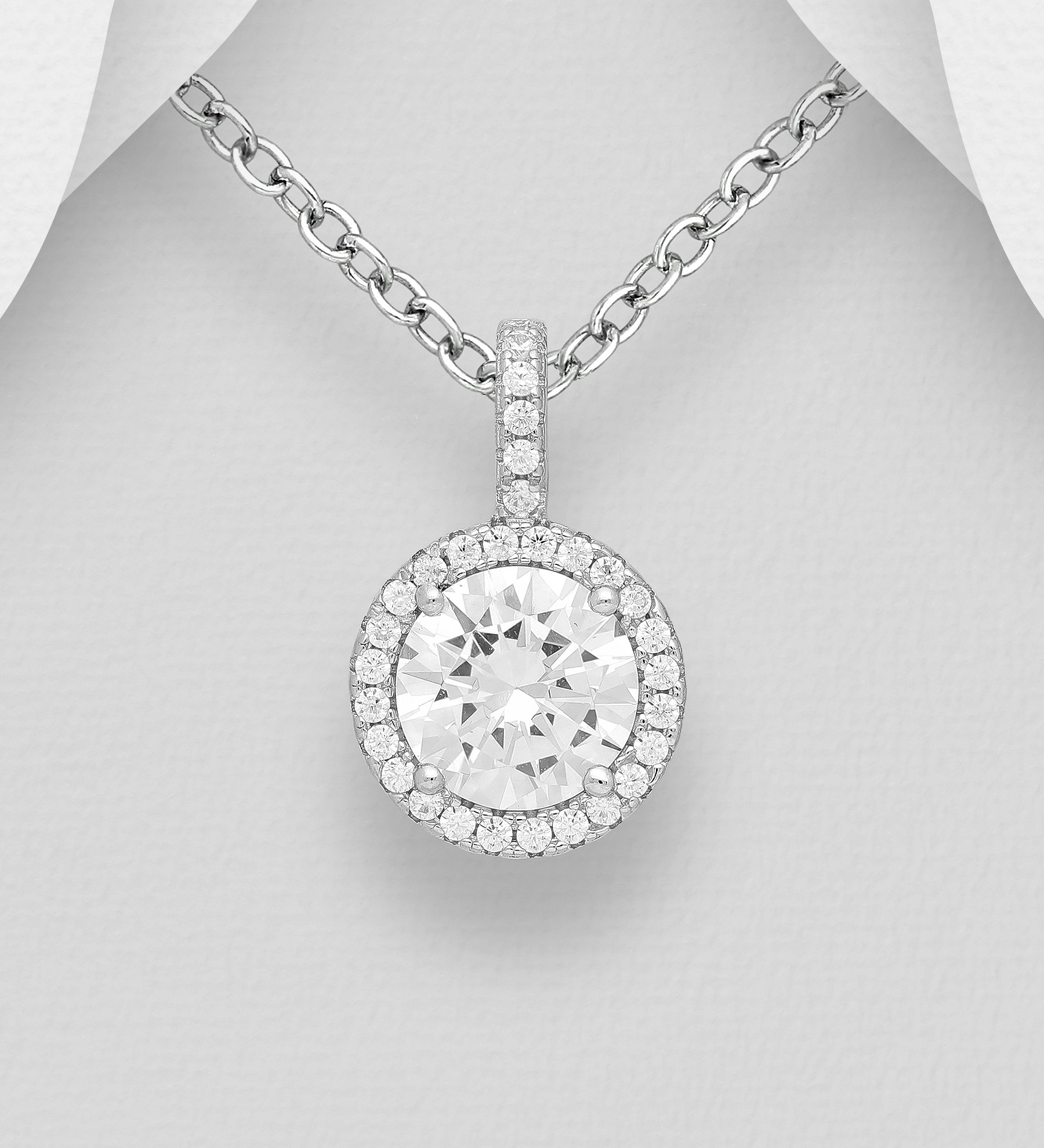 Silverhalsband Halosmycke rund cubic zirkonia sten - elegant smycke till tjej/ dam i äkta 925 sterling silver