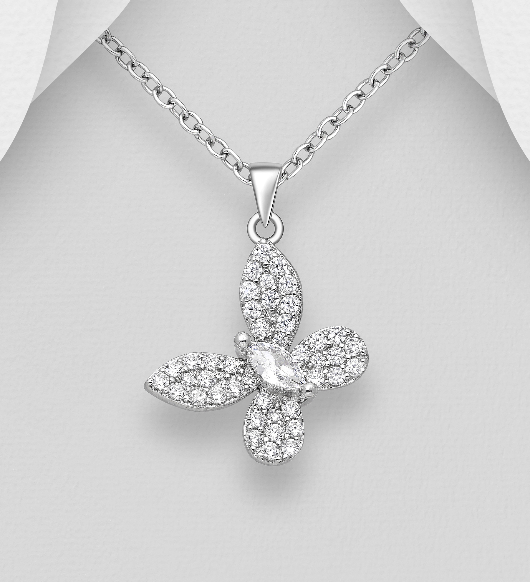 Silverhalsband hängande Fjäril av cubic zirkonia stenar - sött halsband till tjej/ dam i äkta 925 sterling silver