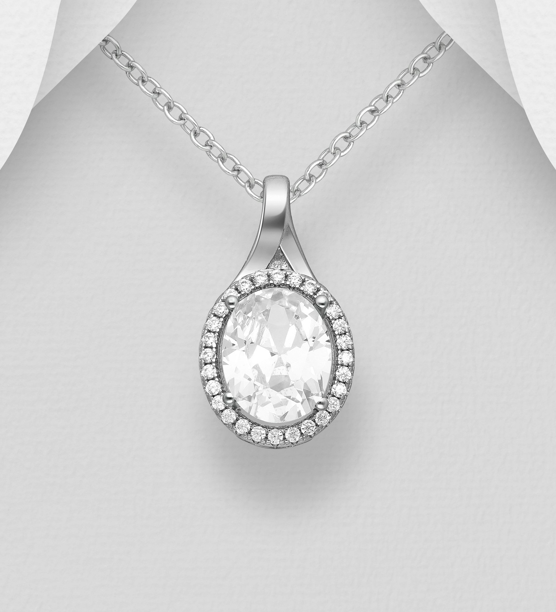 Silverhalsband elegant ovalt Halosmycke - silfullt smycke till tjej/ dam i äkta 925 sterling silver