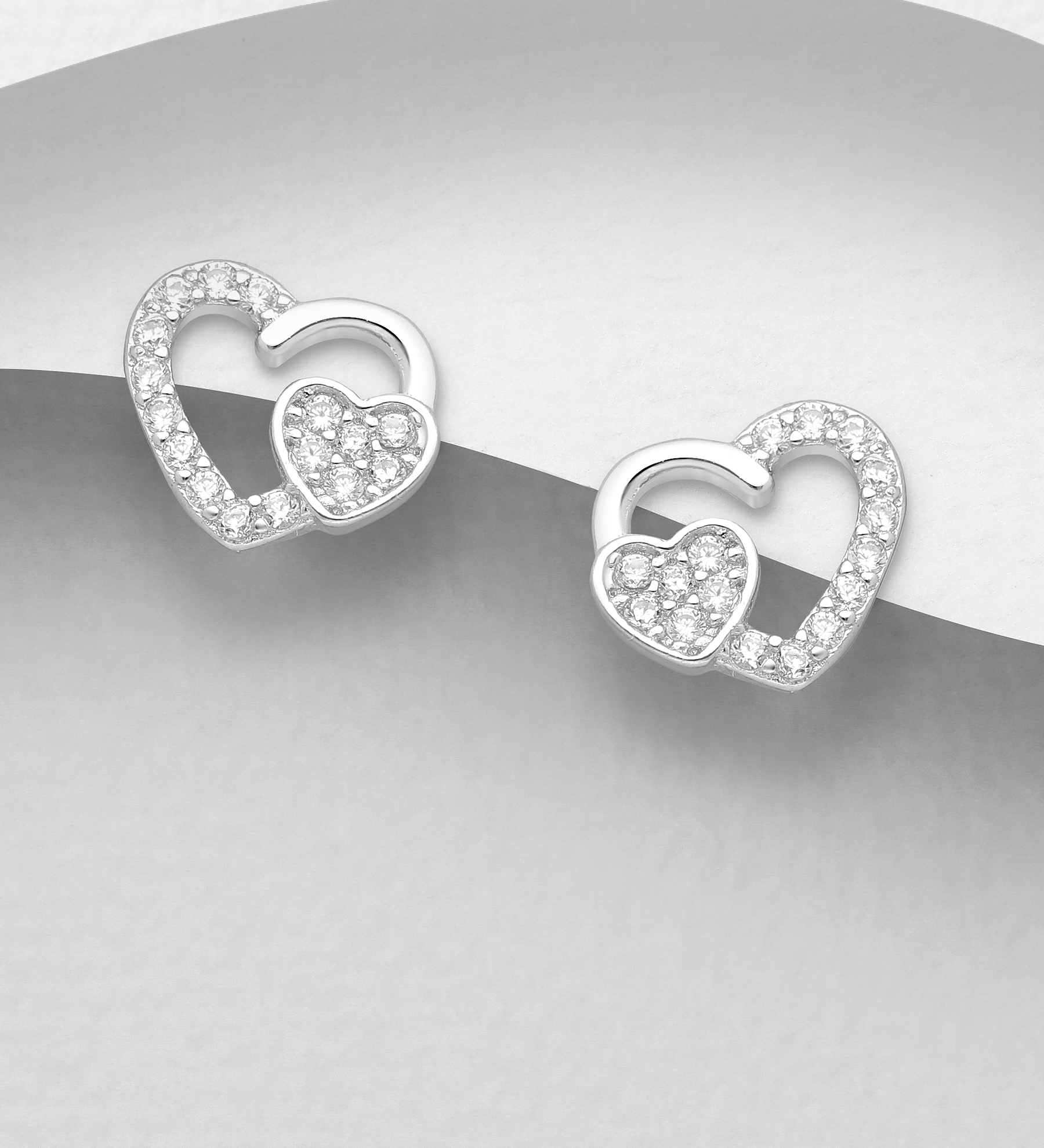 Silverörhängen två Hjärtan med cubic zirkonia stenar - örhängen studs till tjej/ dam i äkta 925 sterling silver