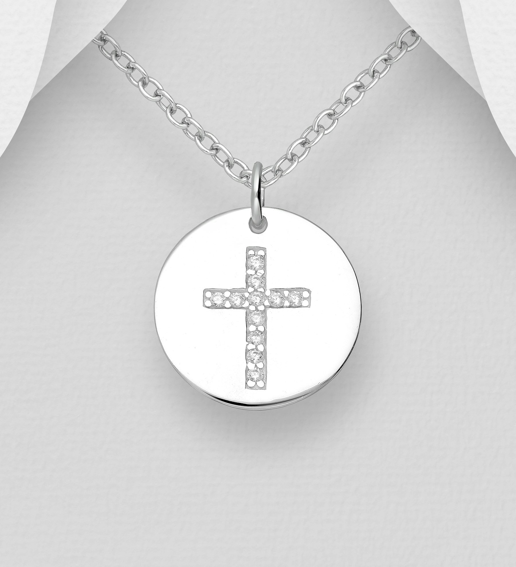 Halsband med kors till tjej/ dam - silverhalsband med rund platta i äkta 925 sterling silver