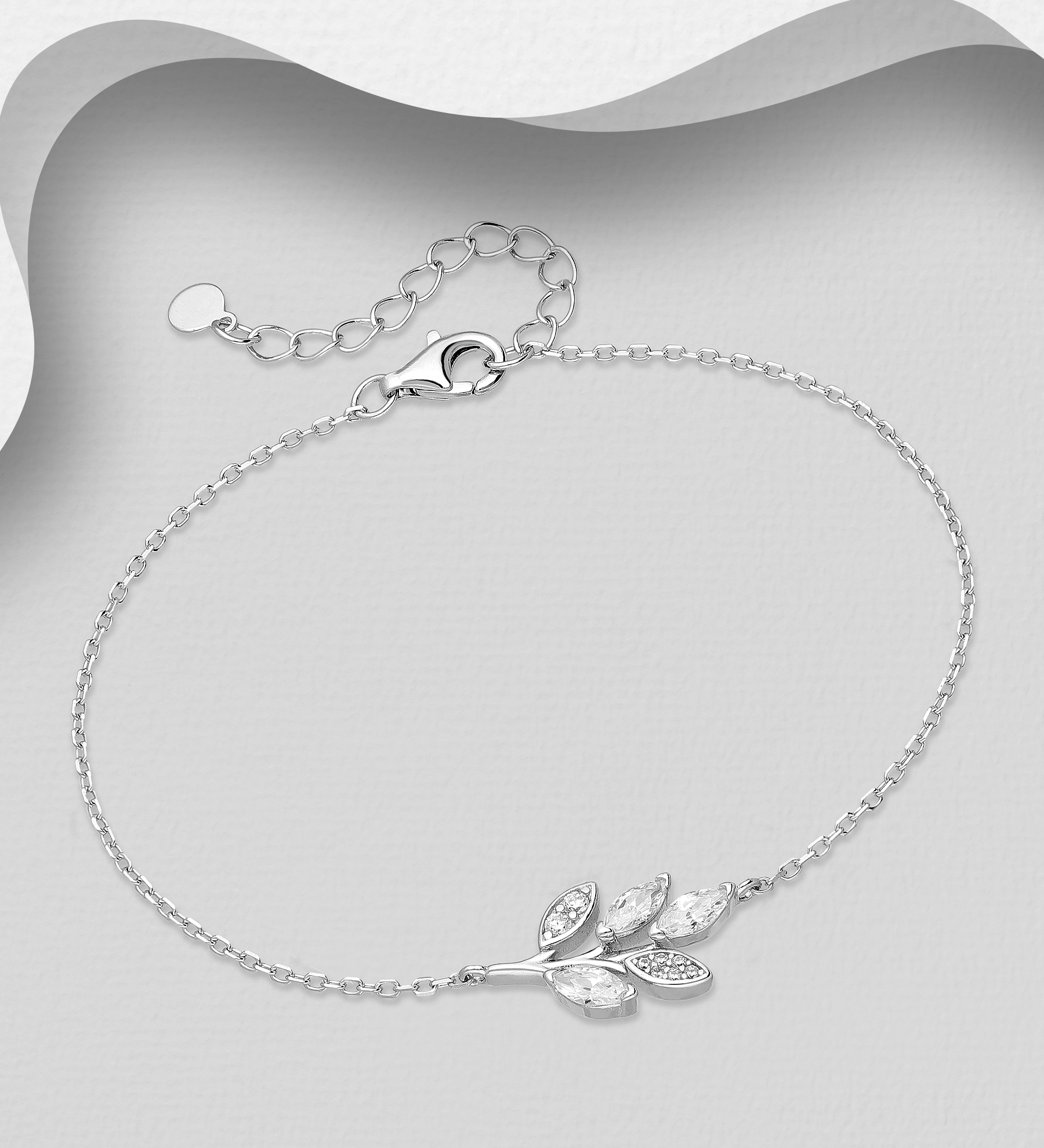 Silverarmband med vackert löv av glittrande cubic stenar - elegant armband till tjej/ dam i äkta 925 sterling silver