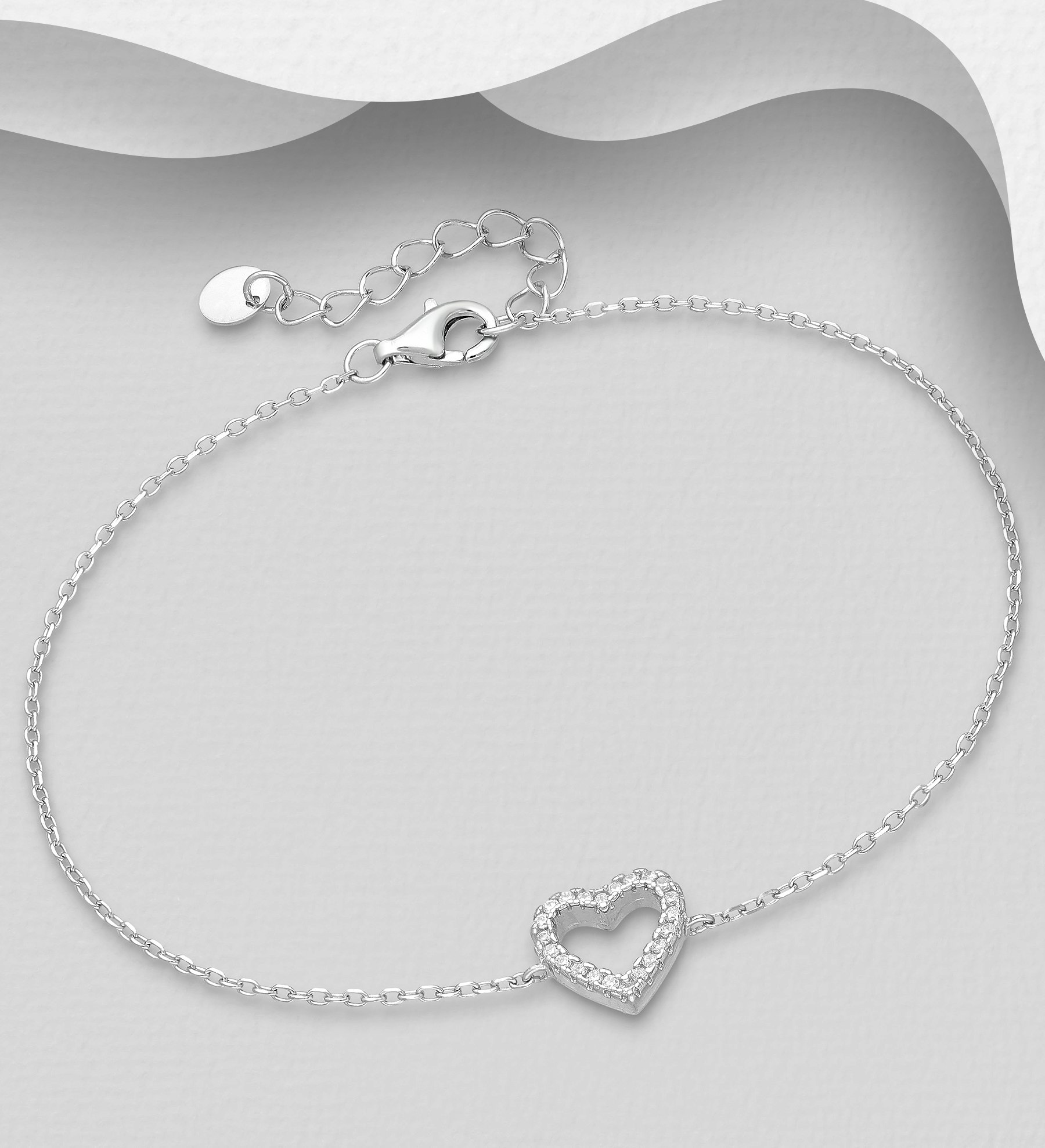 Silverarmband tunt med Hjärta av glittrande cubic zirkonia stenar - armband till tjej/ dam i snygg design & äkta 925 sterling silver
