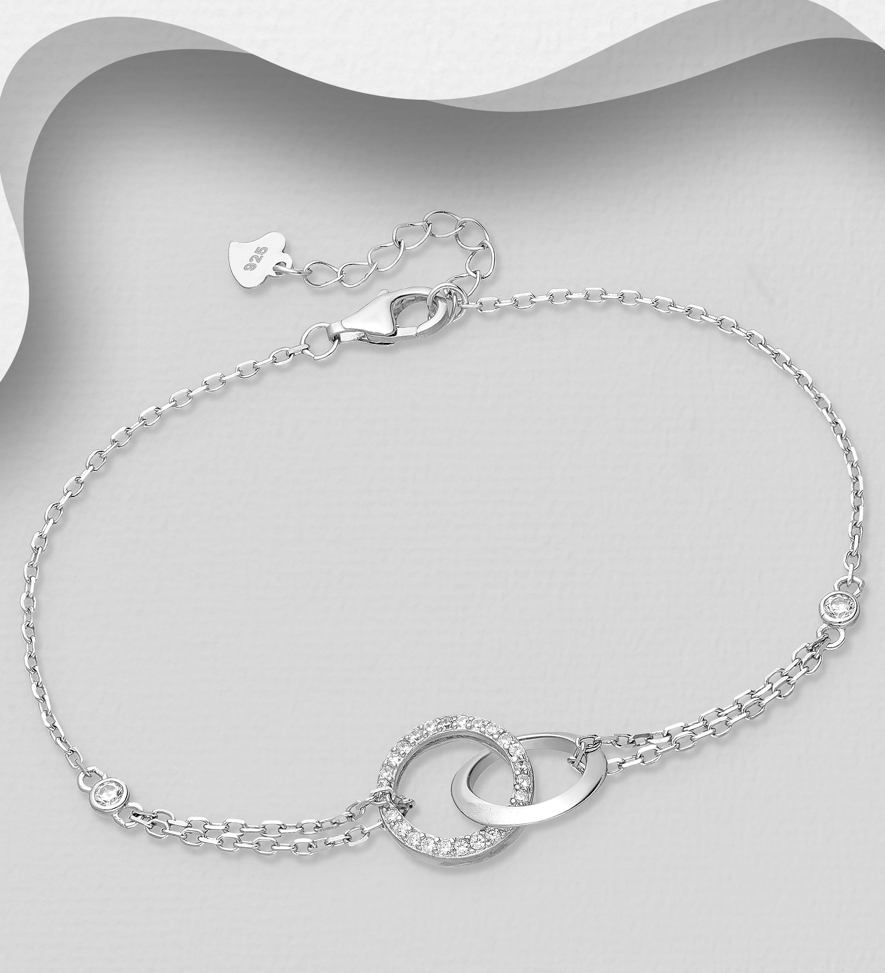 Silverarmband elegant armband med två ringar & cubic stenar - armband till tjej/ dam i äkta 925 sterling silver