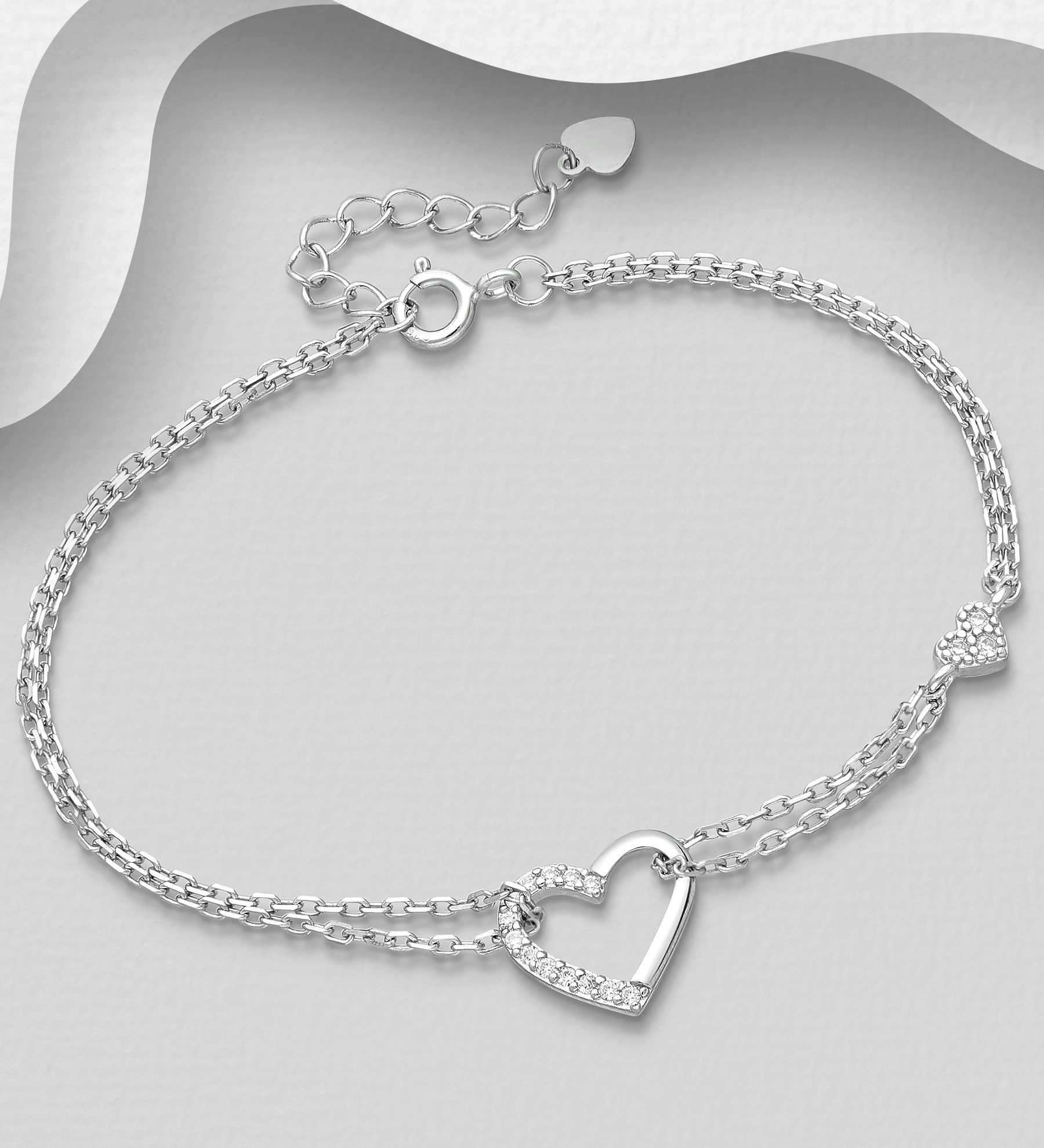 Silverarmband tvåradigt med stort & litet glittrigt Hjärta - vackert armband till tjej/ dam i snygg design &  äkta 925 sterling silver