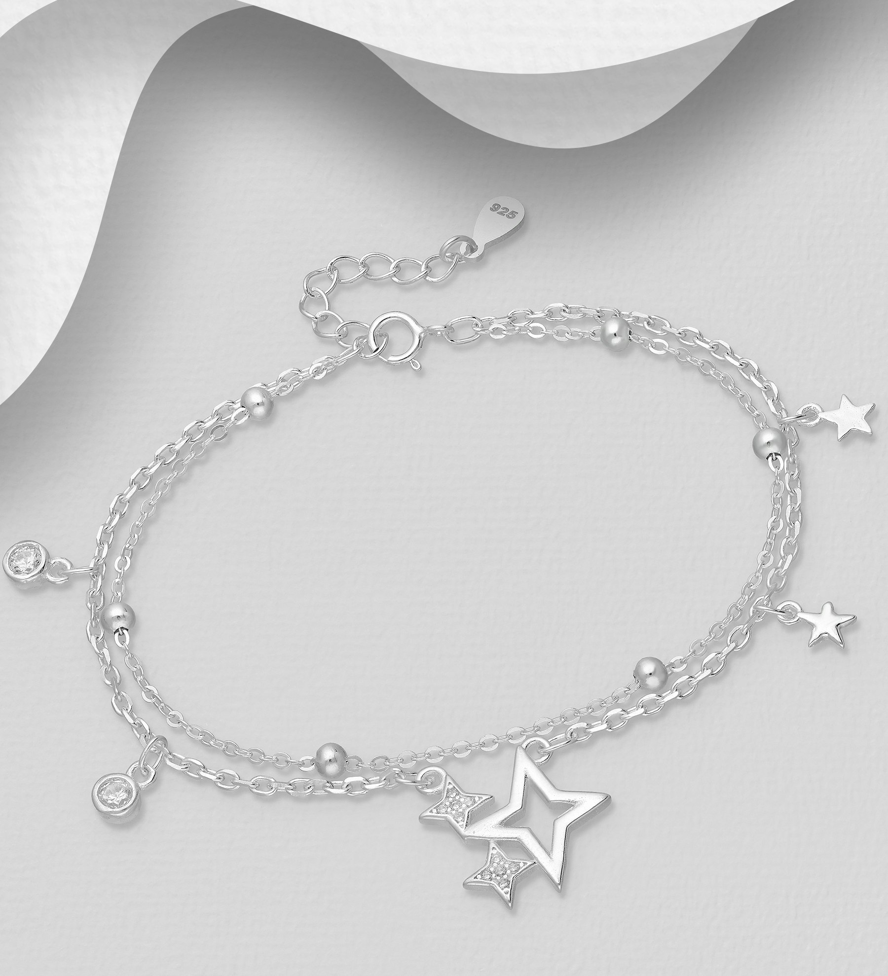Silverarmband tvåradigt med fina stjärnor & runda stenar - stilfullt armband till tjej/ dam i äkta 925 sterling silver