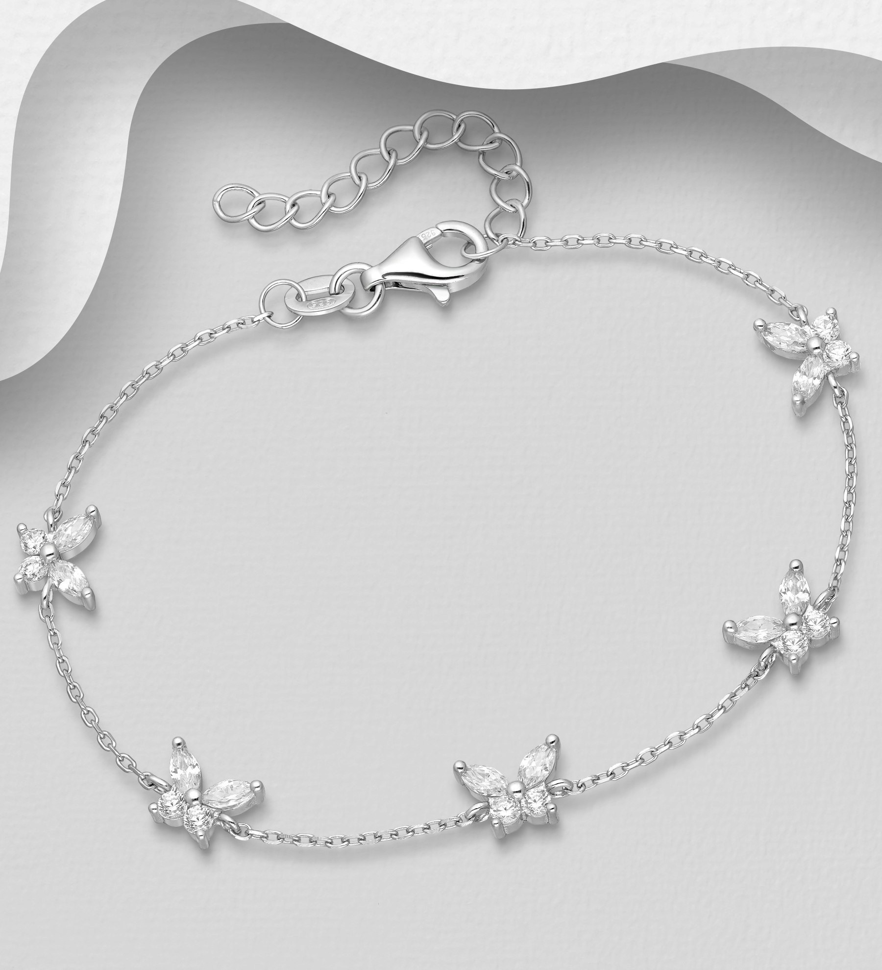 Silverarmband fem Fjärilar av glittrande cubic zirkonia stenar - vackert armband till tjej/ dam i äkta 925 sterling silver