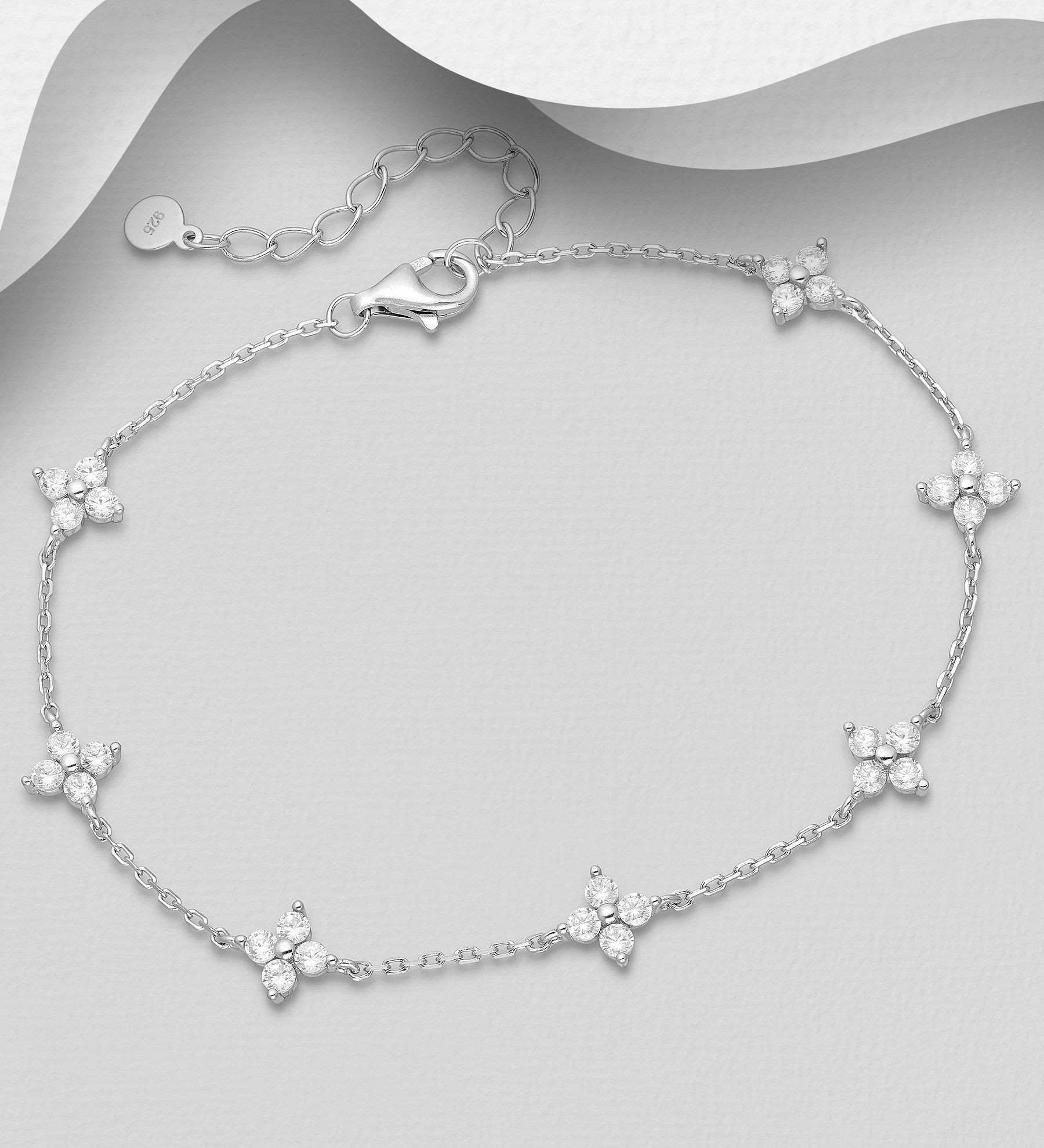 Silverarmband tunt med vackra Blommor av cubic zirkonia - elegant armband till tjej/ dam i äkta 925 sterling silver