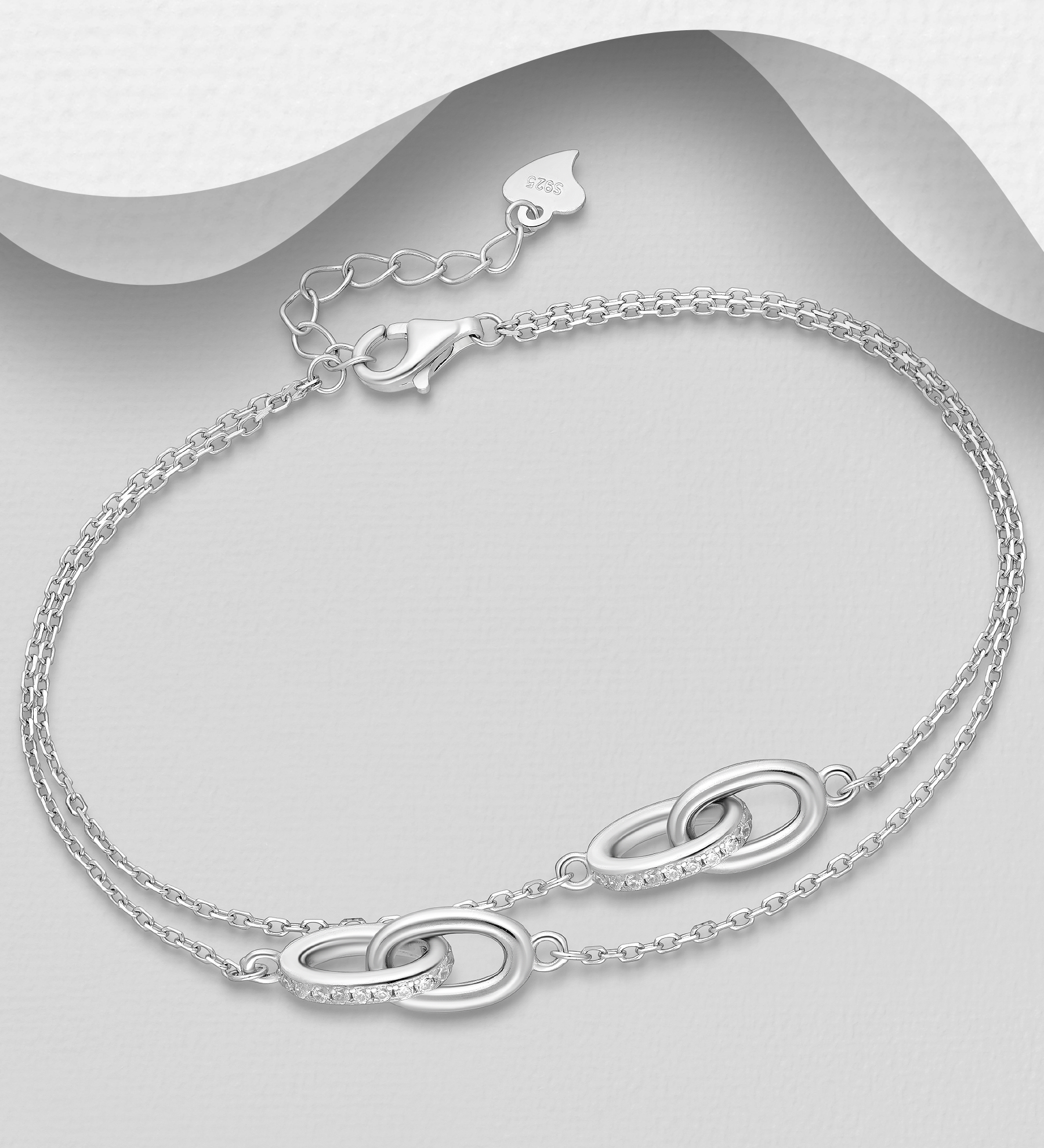 Silverarmband dubbelt moderiktigt armband med ringar - elegant armband till tjej/ dam i äkta 925 sterling silver