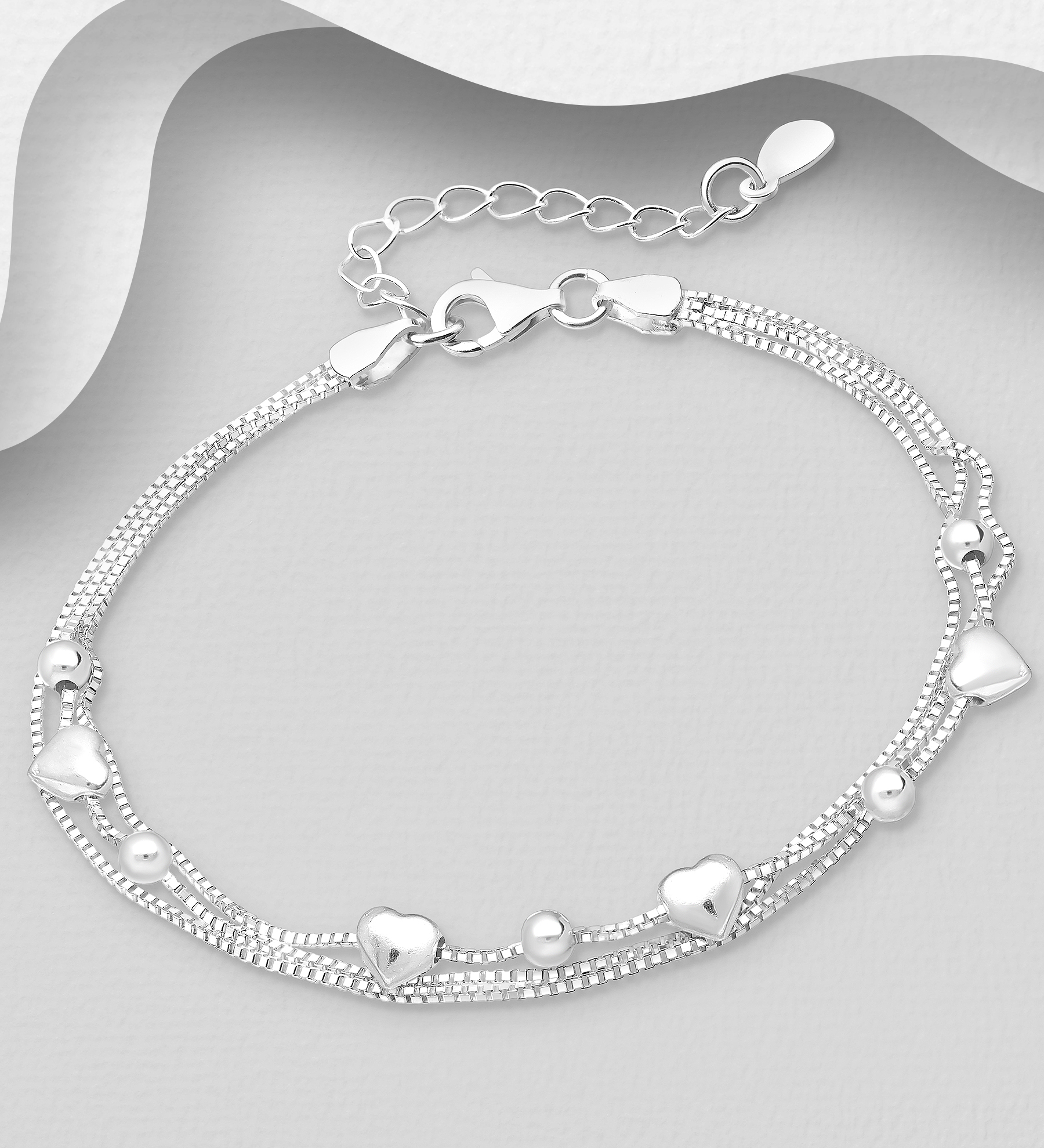 Silverarmband treradigt armband med Hjärtan & Silverkulor - vackert armband till tjej/ dam i äkta 925 sterling silver