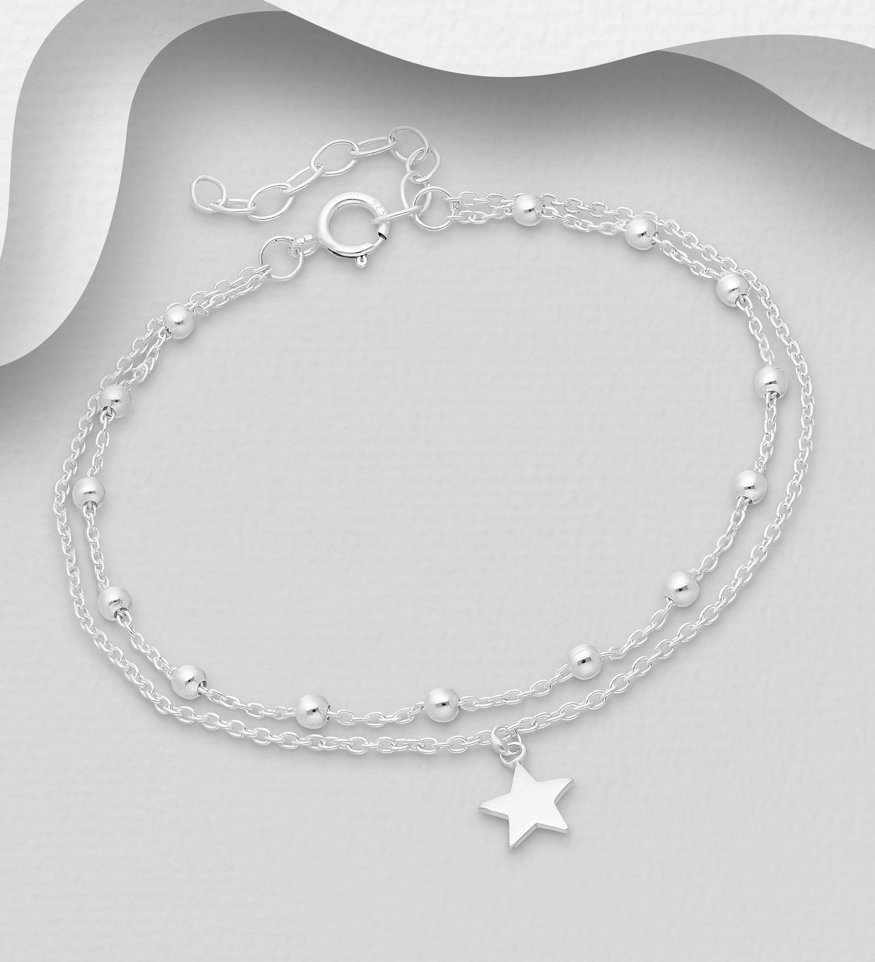 Silverarmband dubbelt armband med Stjärna & Silverkulor - armband till tjej/ dam i äkta 925 sterling silver
