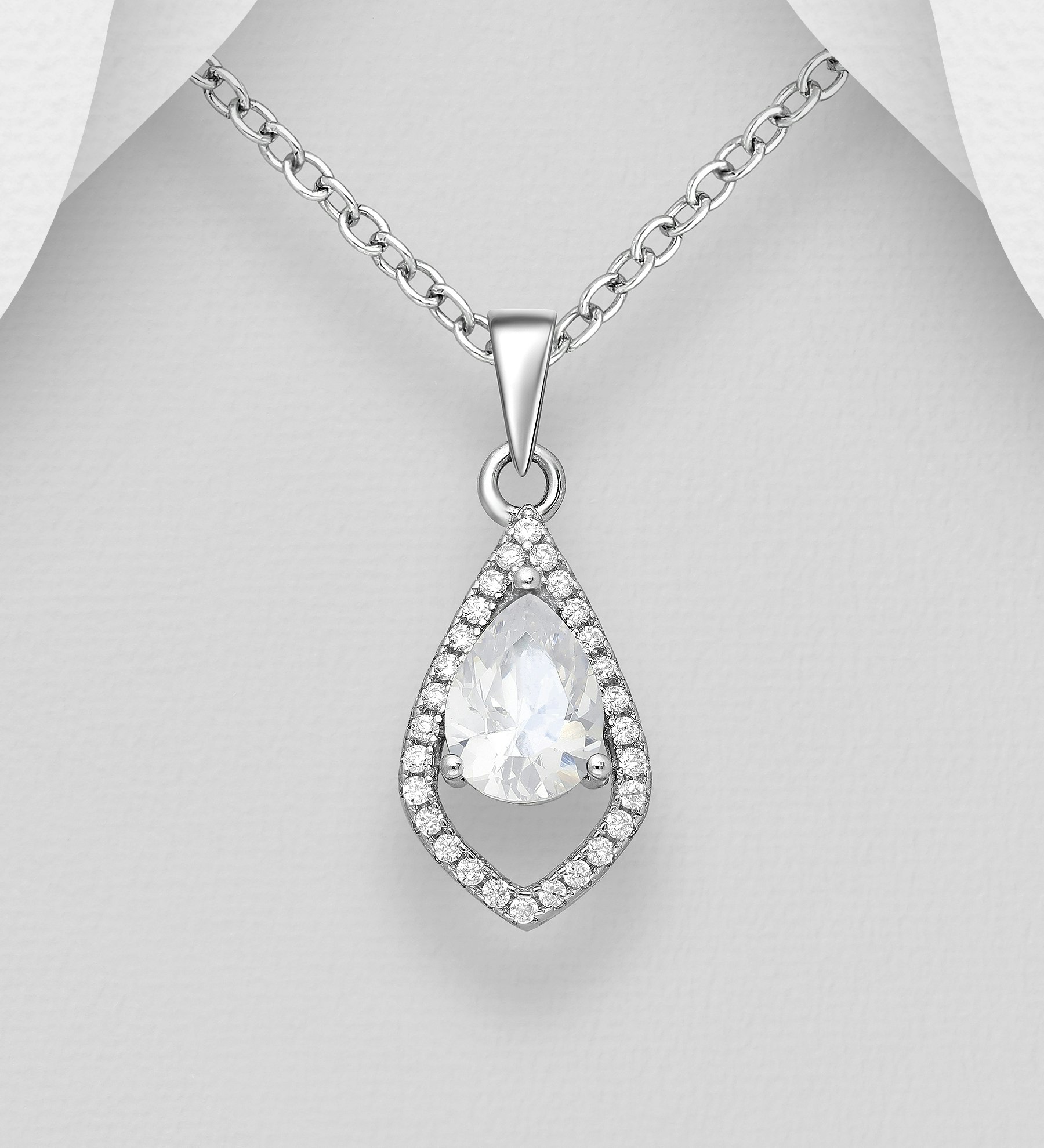 Silverhalsband vackert droppformat smycke med glittrade cubic zirkonia sten - äkta 925 sterling silver