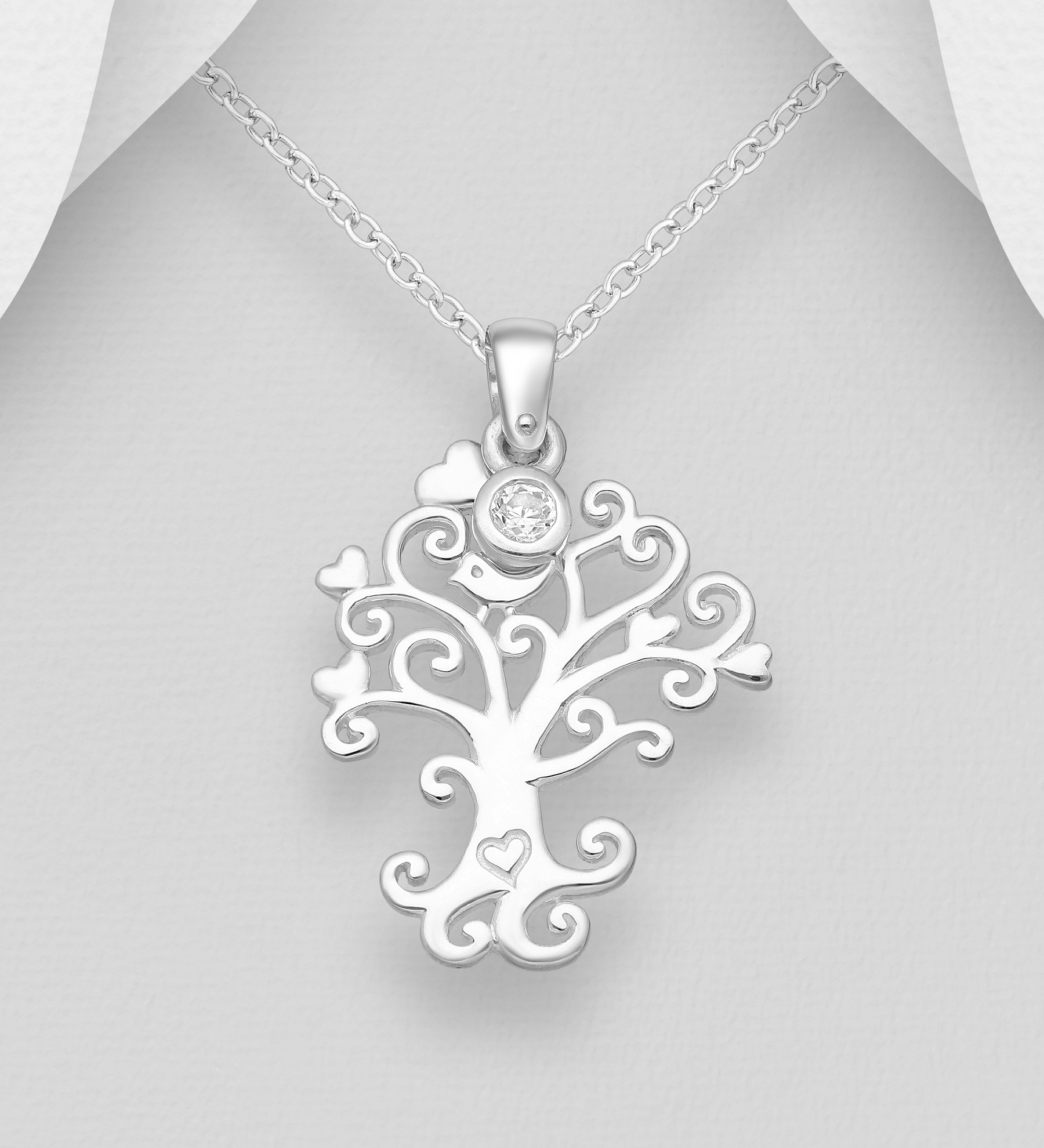Silverhalsband Livets träd med Hjärtan & liten fågel - sött halsband till tjej/ dam i äkta 925 sterling silver
