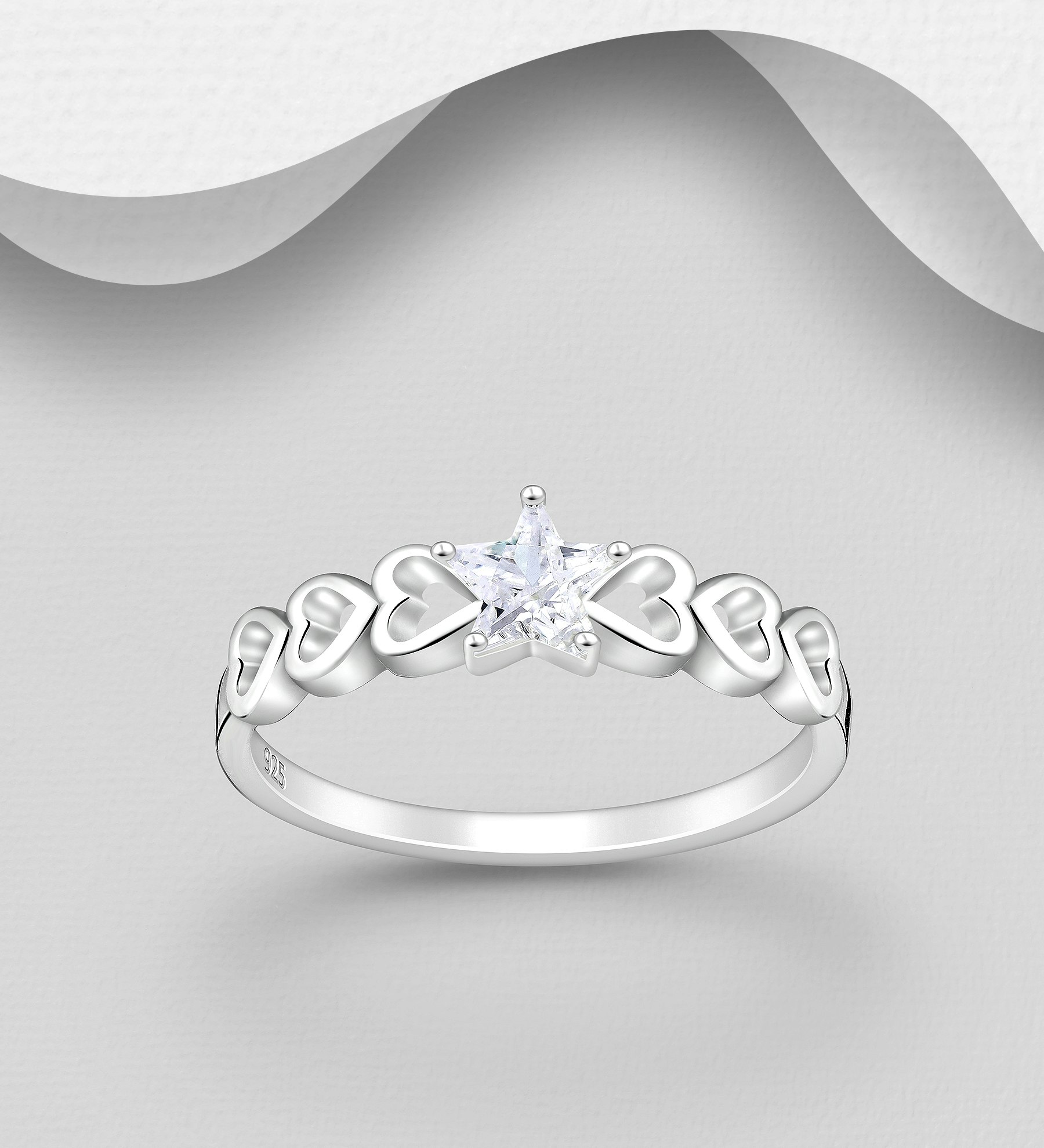 Silverring Stjärna av cubic zirkonia sten med fina Hjärtan - snygga ringar till tjej/dam i äkta 925 sterling silver