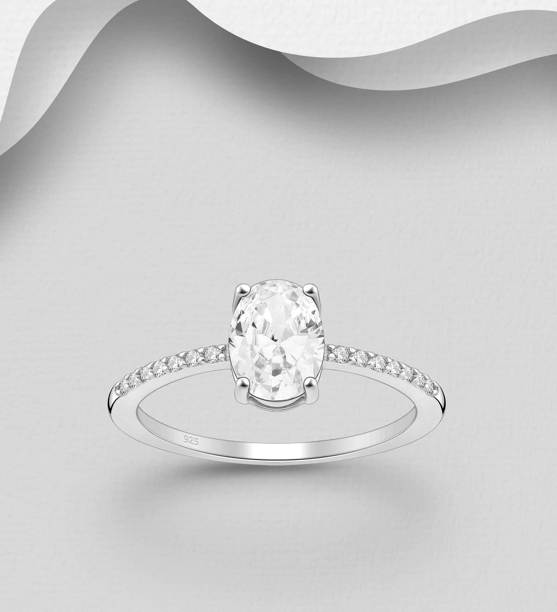 Silverring med gnistrande oval, stor Cubic Zirkonia sten - snygga ringar till tjej/ dam i äkta 925 sterling silver