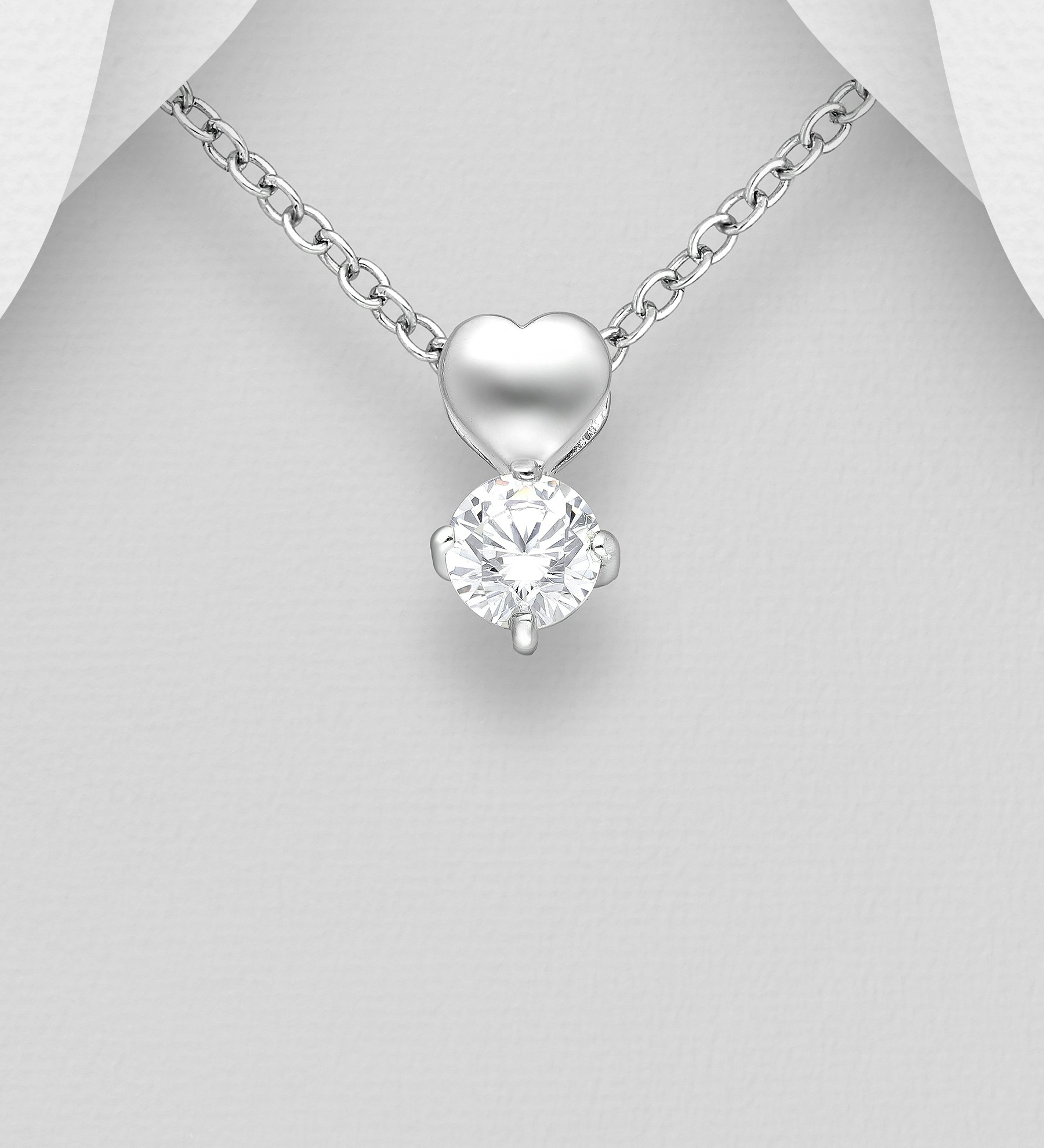 Silverhalsband hänge med Hjärta & rund Cubic Zirkonia - vackert halsband till tjej/ dam i äkta 925 sterling silver
