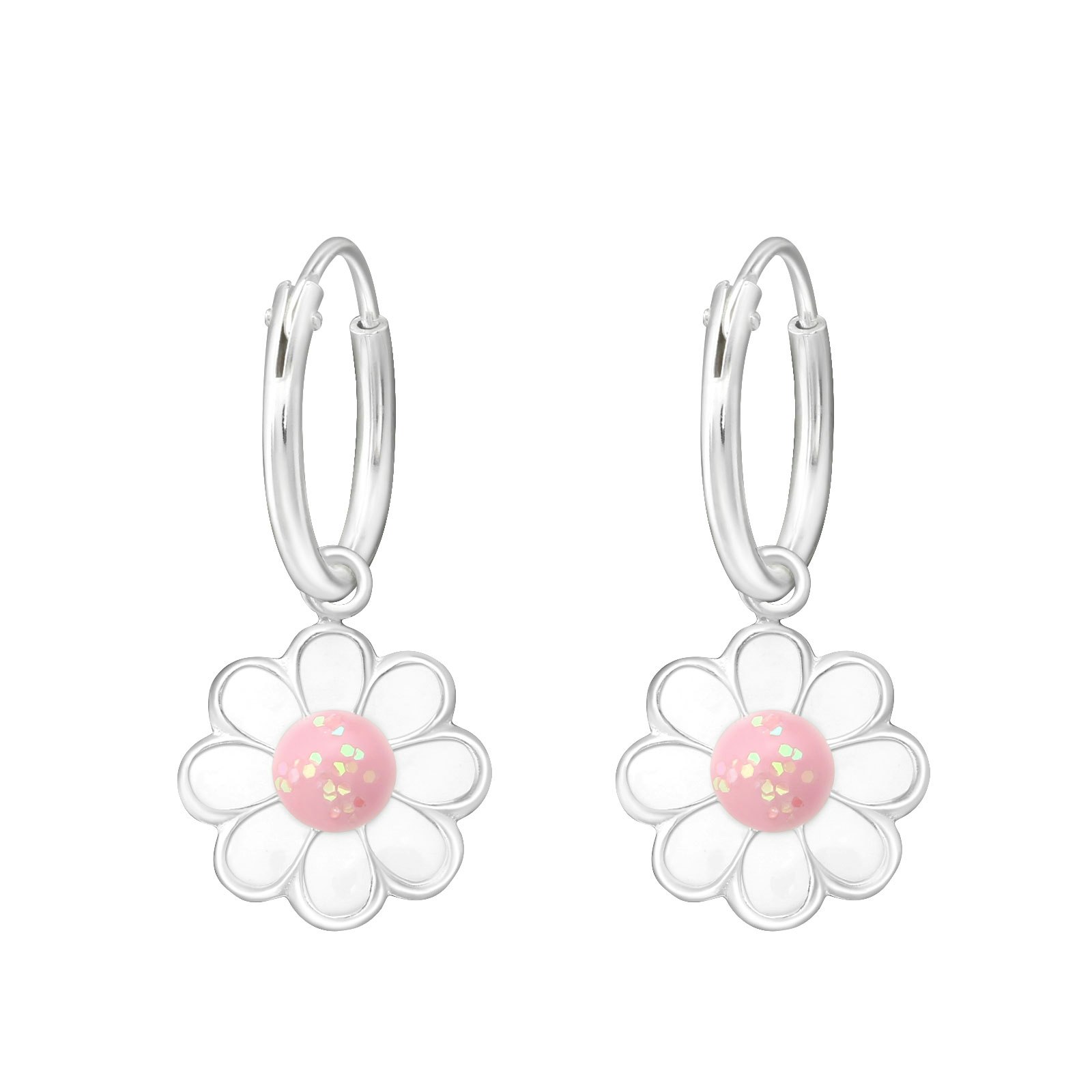 Hängande örhängen till barn - ringar vit & rosa Blomma - barnörhängen med blommor i äkta 925 sterling silver