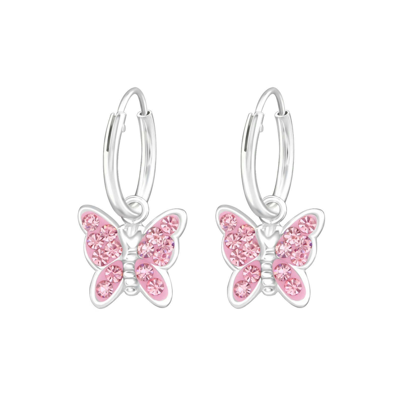 Hängande djurörhängen till barn - ringar med ljusrosa Fjäril - barnörhängen med fjärilar i äkta 925 sterling silver