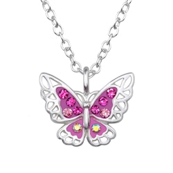 Barnhalsband glittrig rosa Fjäril - sött barnsmycke i silver