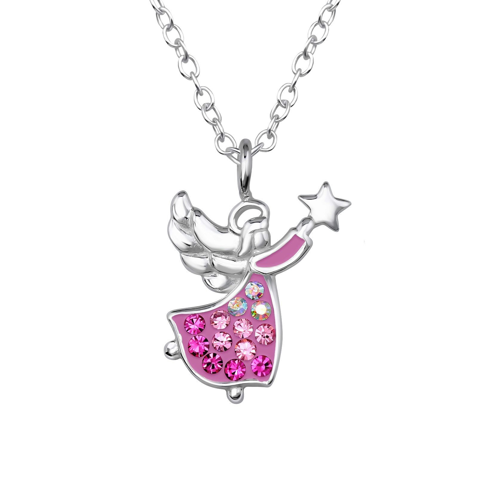 Barnhalsband glittrig rosa Ängel som håller i en stjärna - sött barnsmycke i äkta 925 sterling silver
