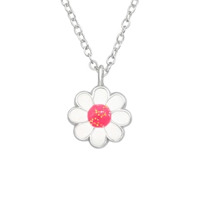 Barnhalsband Blomma vit & rosa - halsband till barn i silver