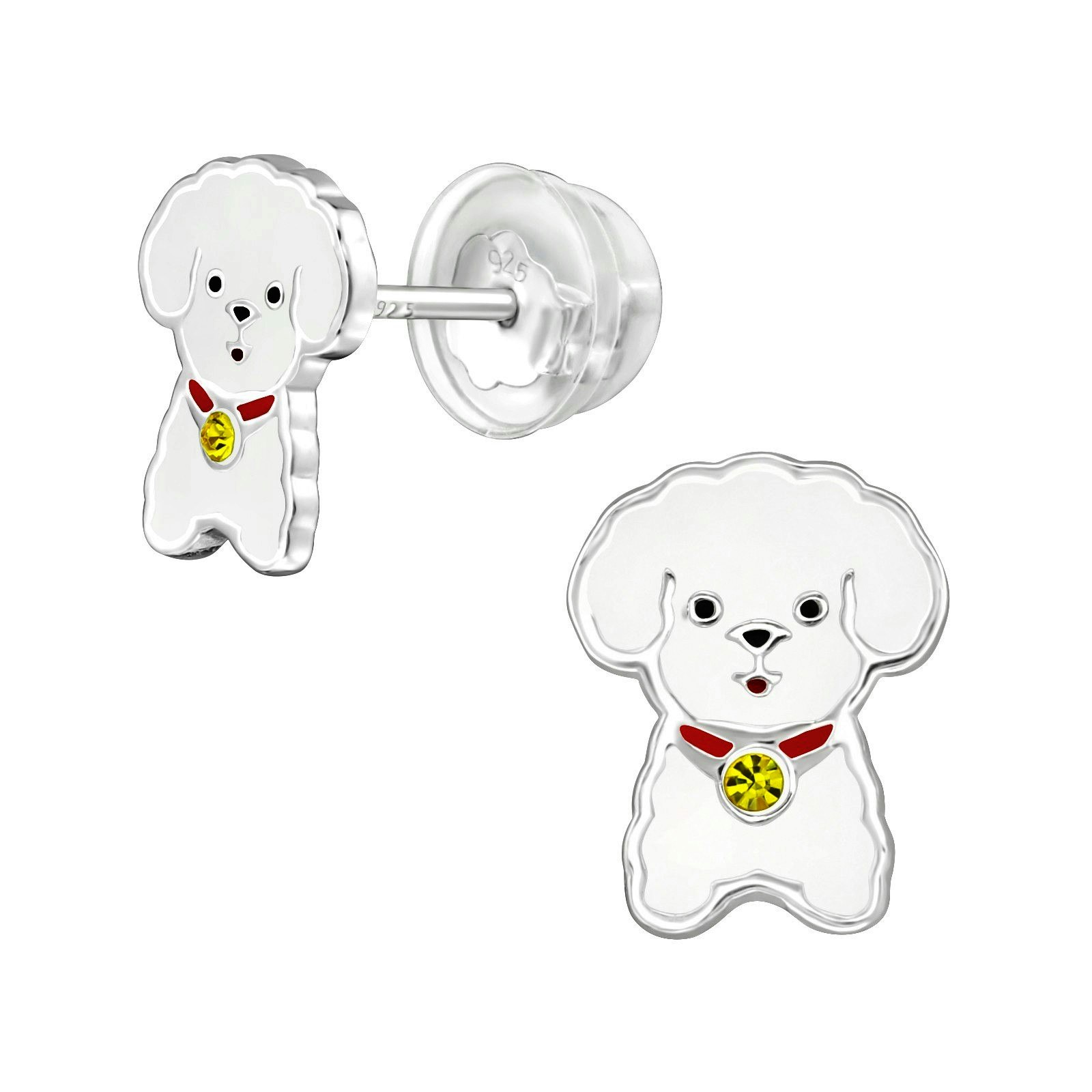 Barnörhängen vit Hund - Sweethearts örhängen till barn i äkta silver -  Doppresenter, Silversmycken till vuxen & barn - Fri Frakt Sweethearts.