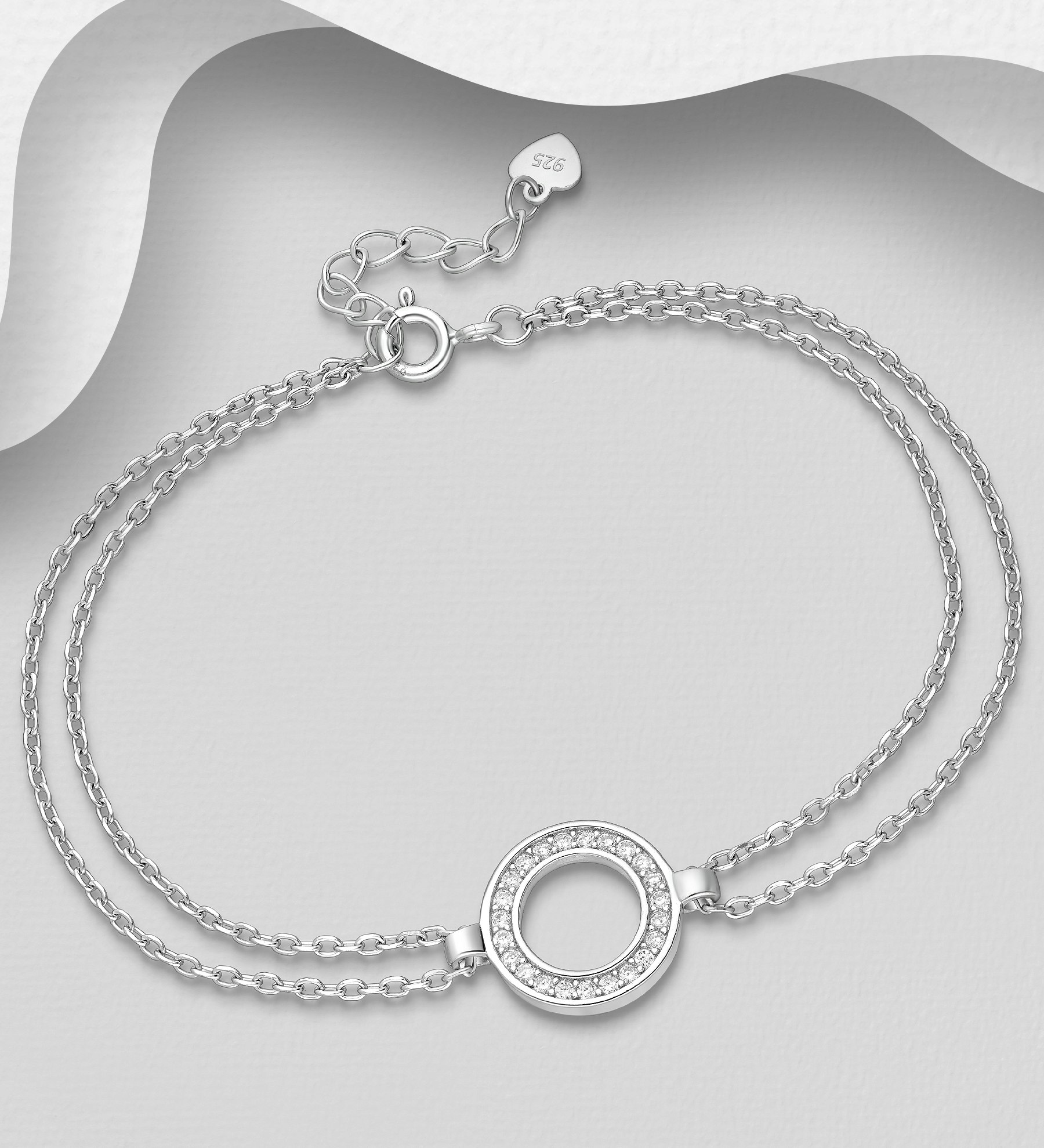 Silverarmband dubbelt med glittrande ring av cubic zirkonia - fint armband till tjej/ dam i äkta 925 sterling silver