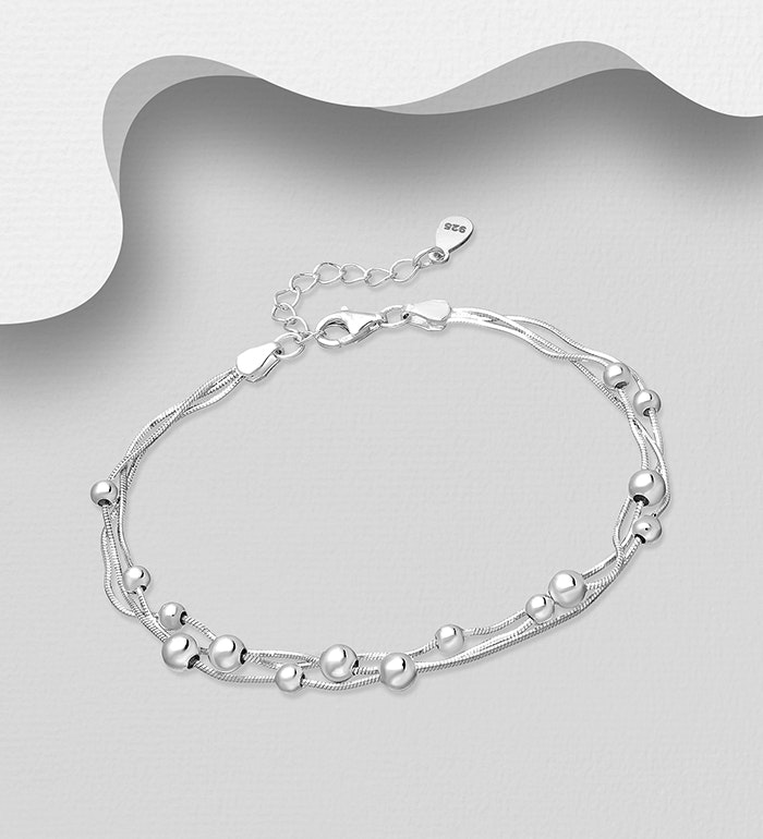 Silverarmband treradigt med Silverkulor - vackert armband till tjej/ dam i äkta 925 sterling silver