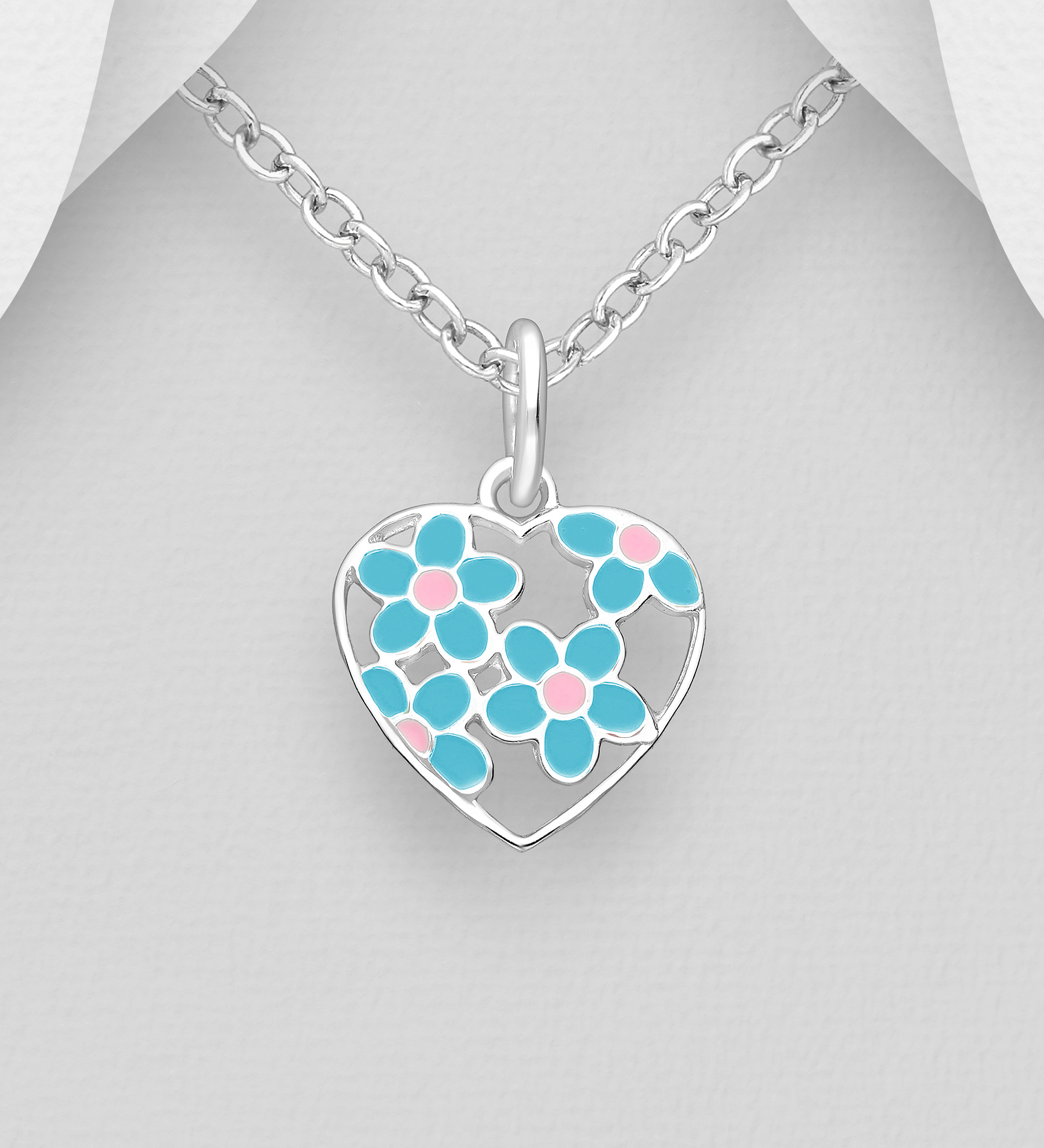 Barnhalsband Hjärta blå/rosa blommor - sött halsband till barn i äkta 925 sterling silver