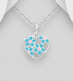 Barnhalsband Hjärta blå/rosa blommor - halsband i silver