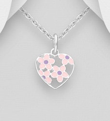 Barnhalsband Hjärta rosa/lila blommor - halsband i silver
