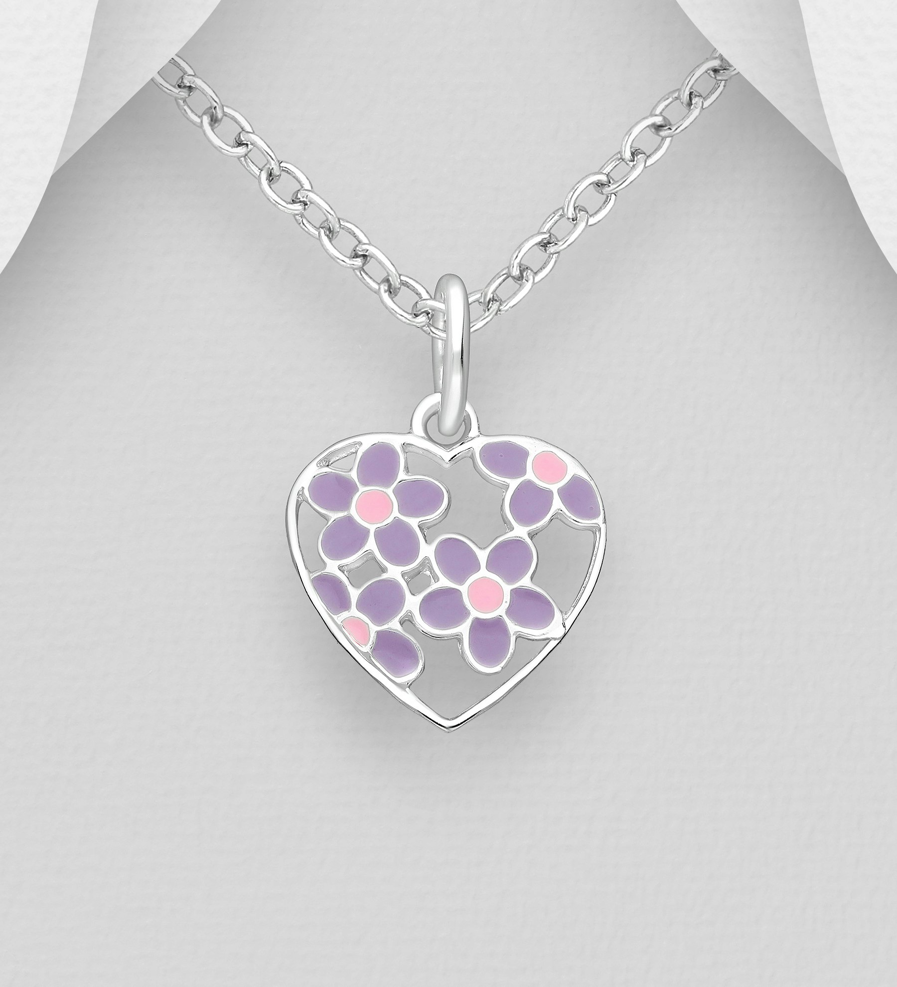 Barnhalsband Hjärta lila/rosa blommor - sött halsband till barn i äkta 925 sterling silver