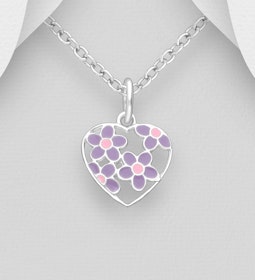 Barnhalsband Hjärta lila/rosa blommor - halsband i silver