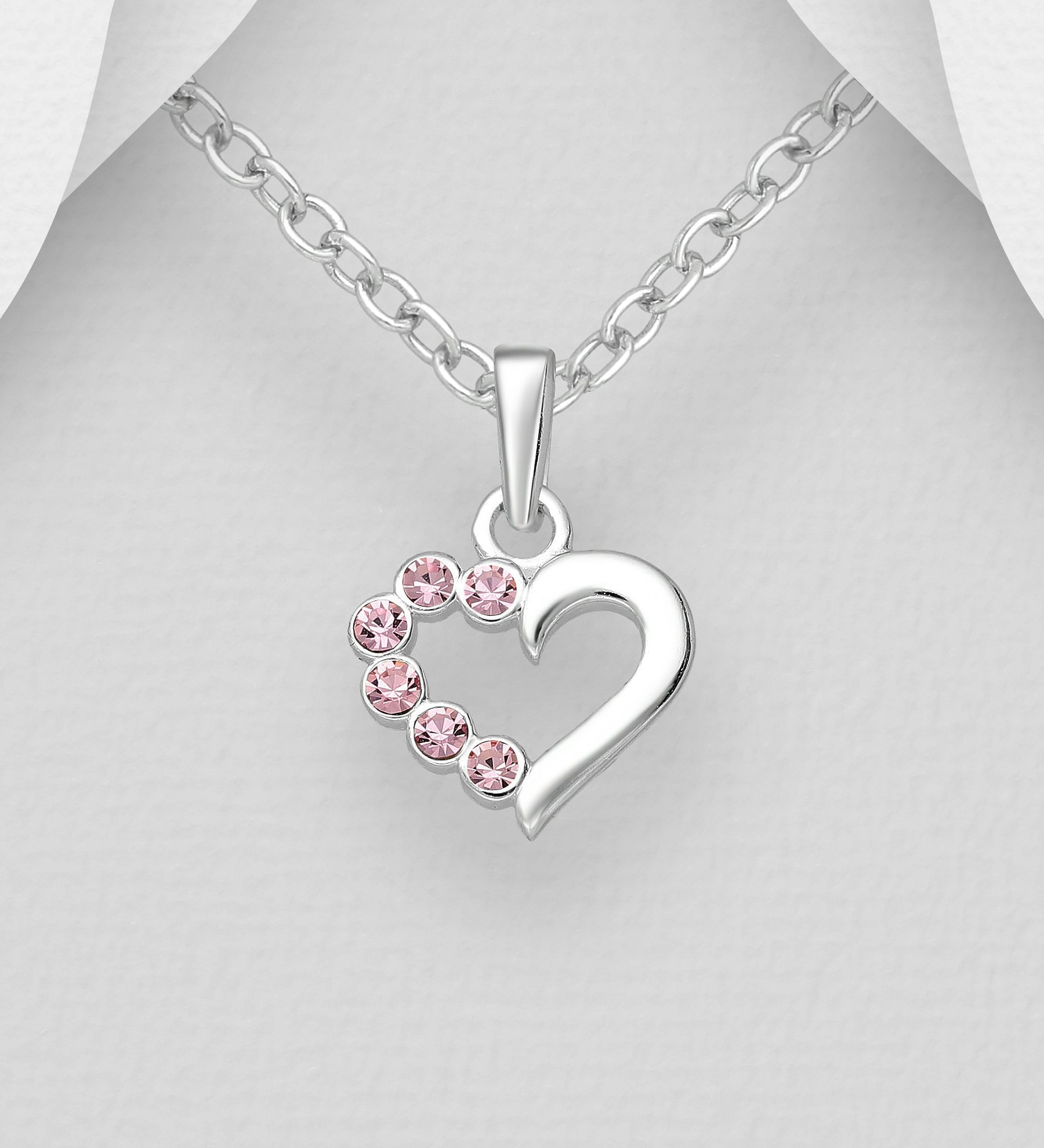 Barnhalsband Hjärta i silver med ljusrosa glittrande stenar - sött halsband till barn i äkta 925 sterling silver