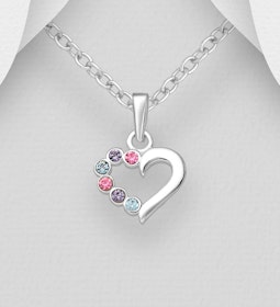 Barnhalsband Hjärta i silver med färgade glittrande stenar