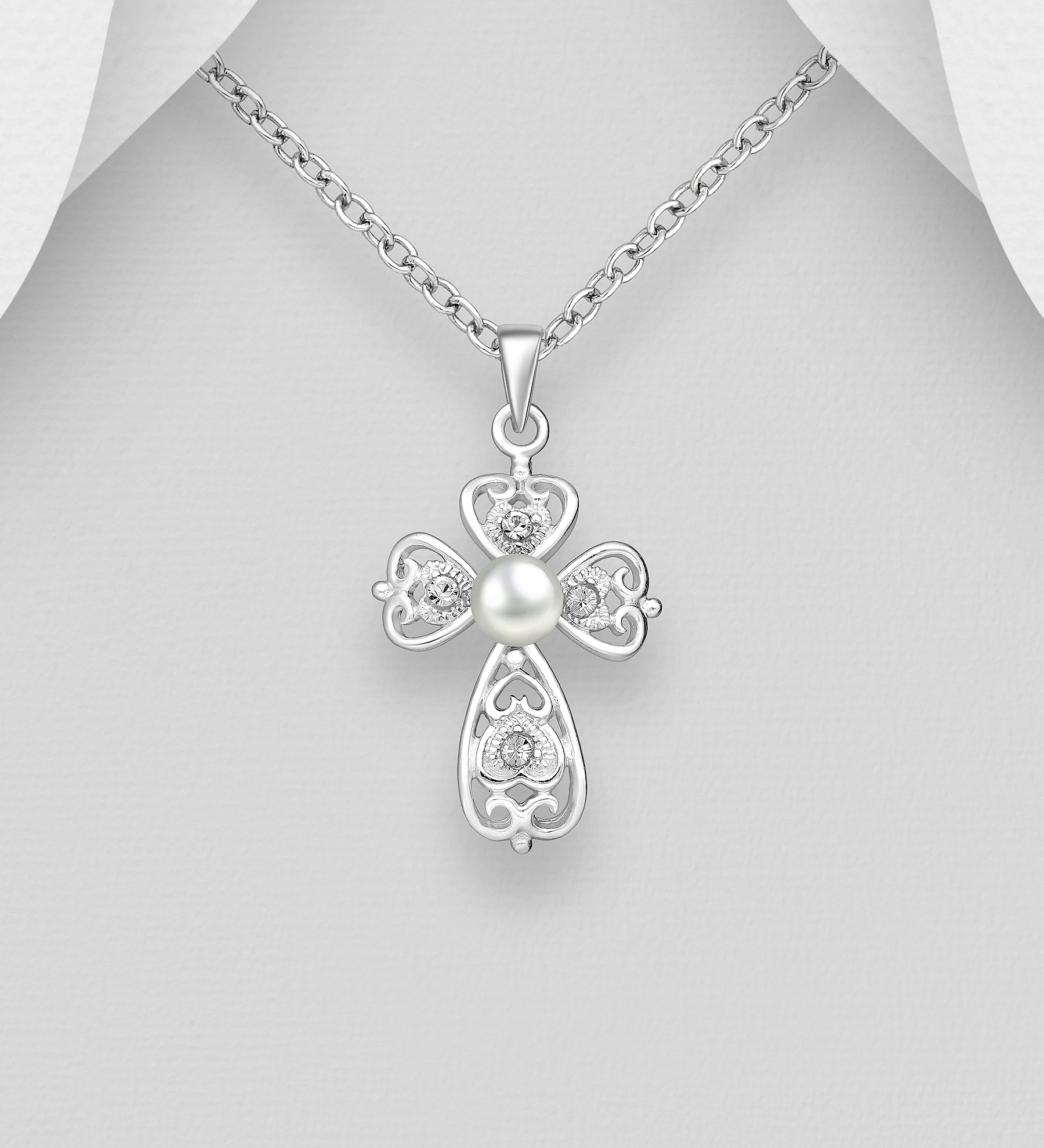 Halsband med kors till tjej/ dam i äkta silver - Silverkors med pärla och cubic stenar