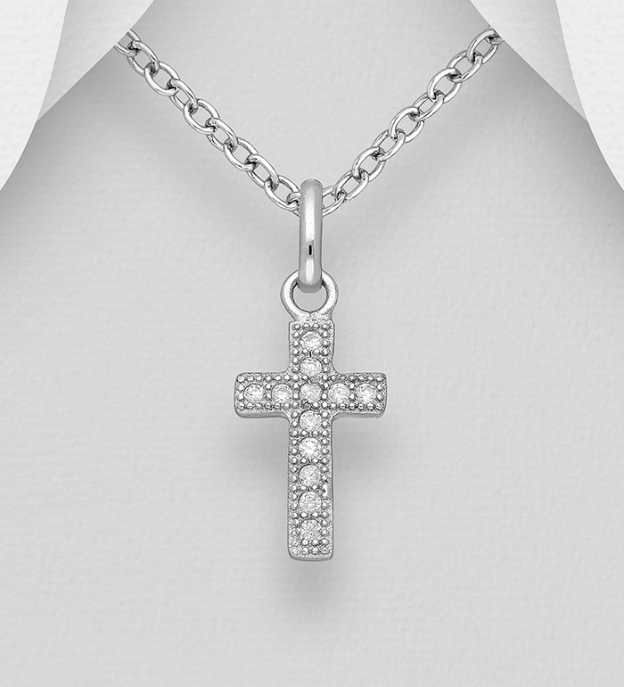 Halsband med kors till tjej/ dam - rakt Silverkors i äkta 925 silver med glittrande stenar