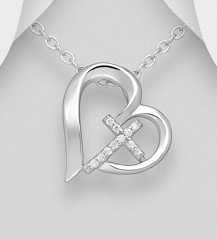 Halsband med kors till tjej/ dam - Silverhjärta med litet glittrande kors i äkta silver