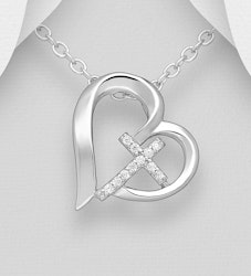 Halsband med kors - Silverhjärta med litet glittrande kors