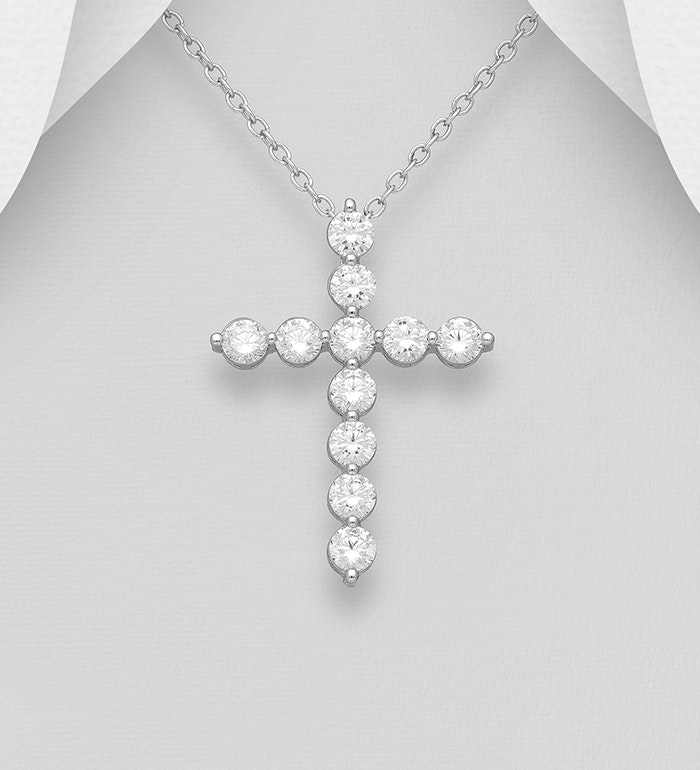 Halsband med kors till tjej/ dam - vackert silverkors med runda cubic stenar i äkta silver