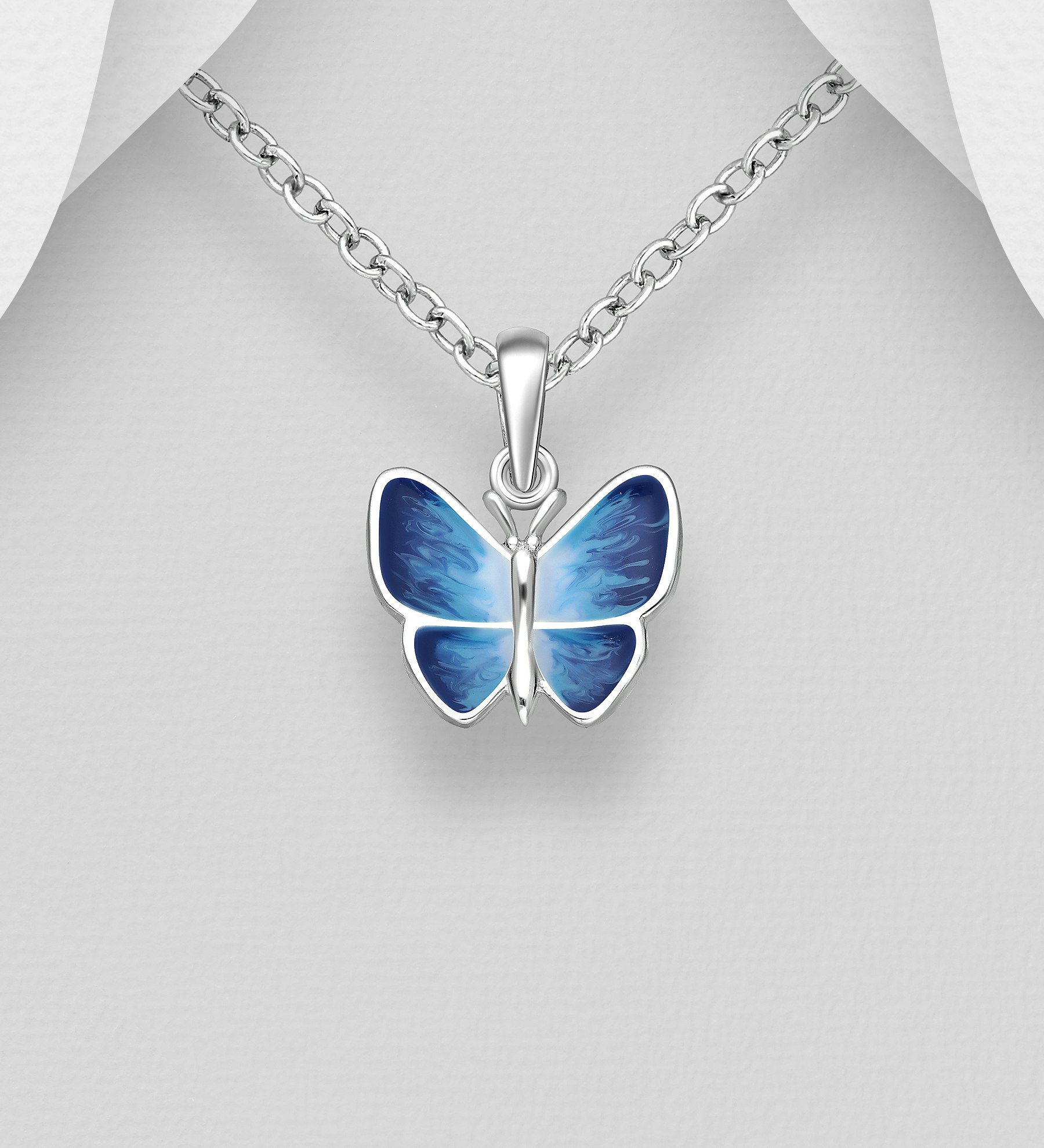 Barnhalsband i silver - söt blå Fjäril i äkta 925 sterling silver