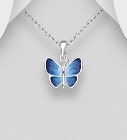 Barnhalsband i silver - söt blå Fjäril i äkta 925 sterling silver