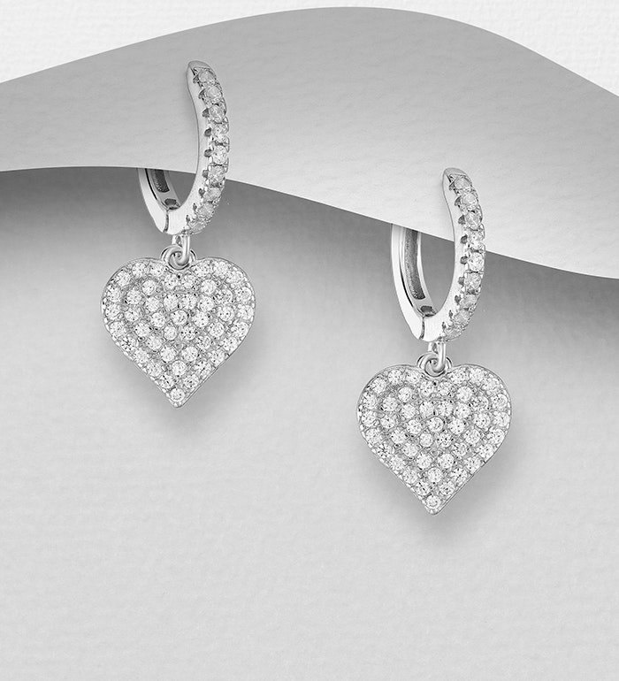 Silverörhängen Hoops, glittrande ringar med hängande Hjärtan av cubic zirkonia stenar - Snygga & fina hjärtörhängen, örhängen i äkta sterling silver