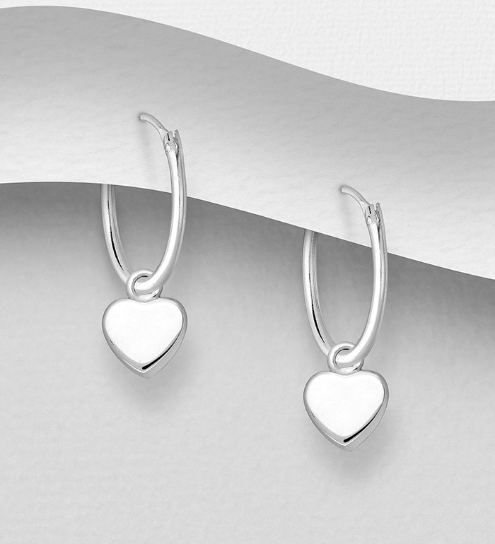 Silverörhängen Hoops med hängande silverhjärtan - Snygga & fina örhängen, ringar i äkta sterling silver